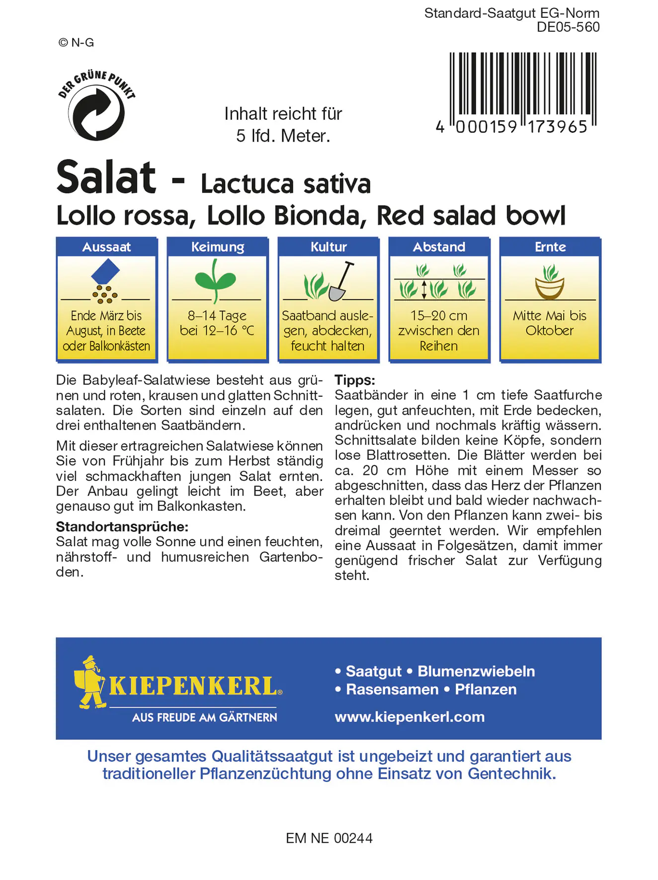 Kiepenkerl Schnittsalat Babyleaf Mischung Saatband Inhalt reicht für 5 lfd. Meter