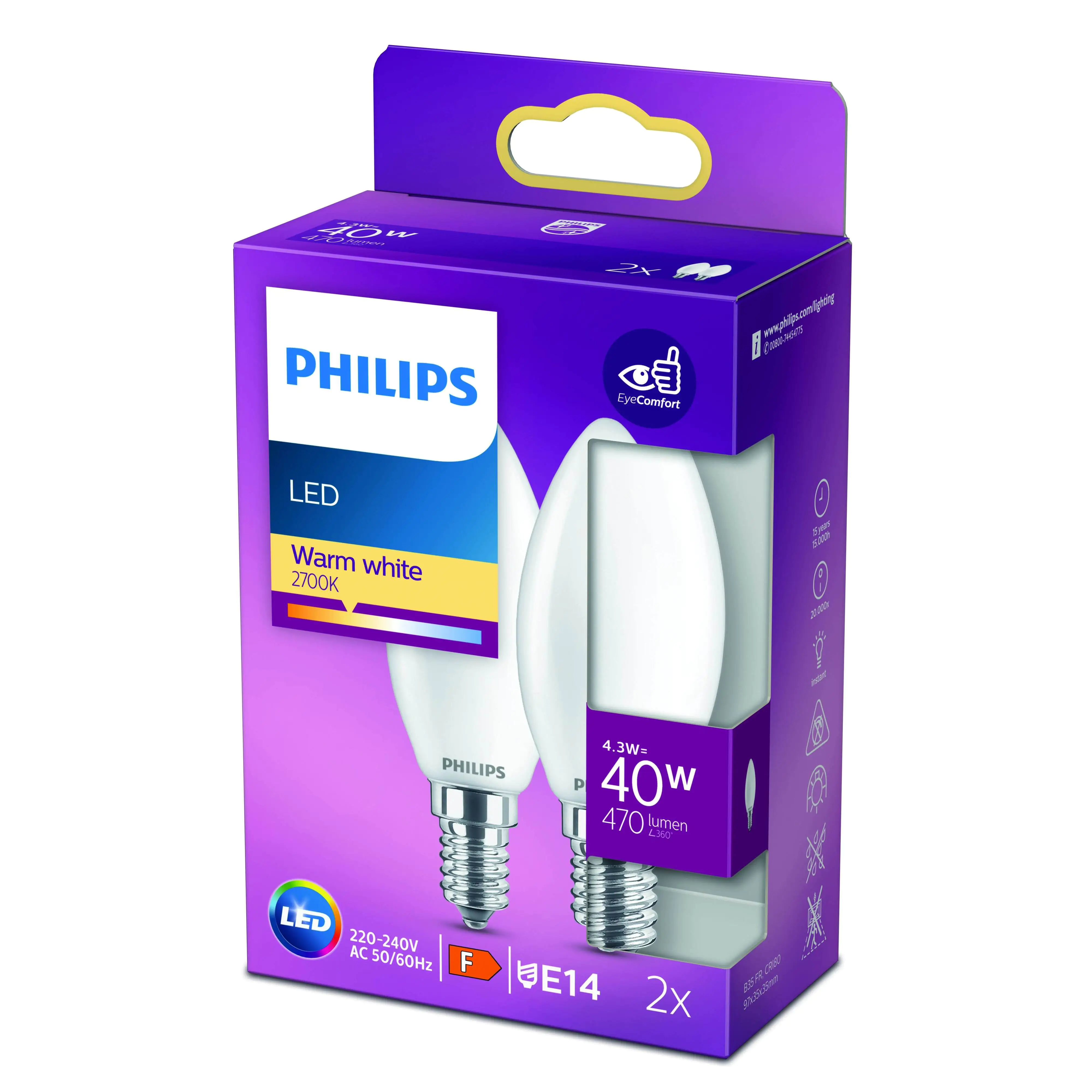 Philips LED-Leuchtmittel Filament Kerzenform B35 E14, 4,3W warmweiß matt
