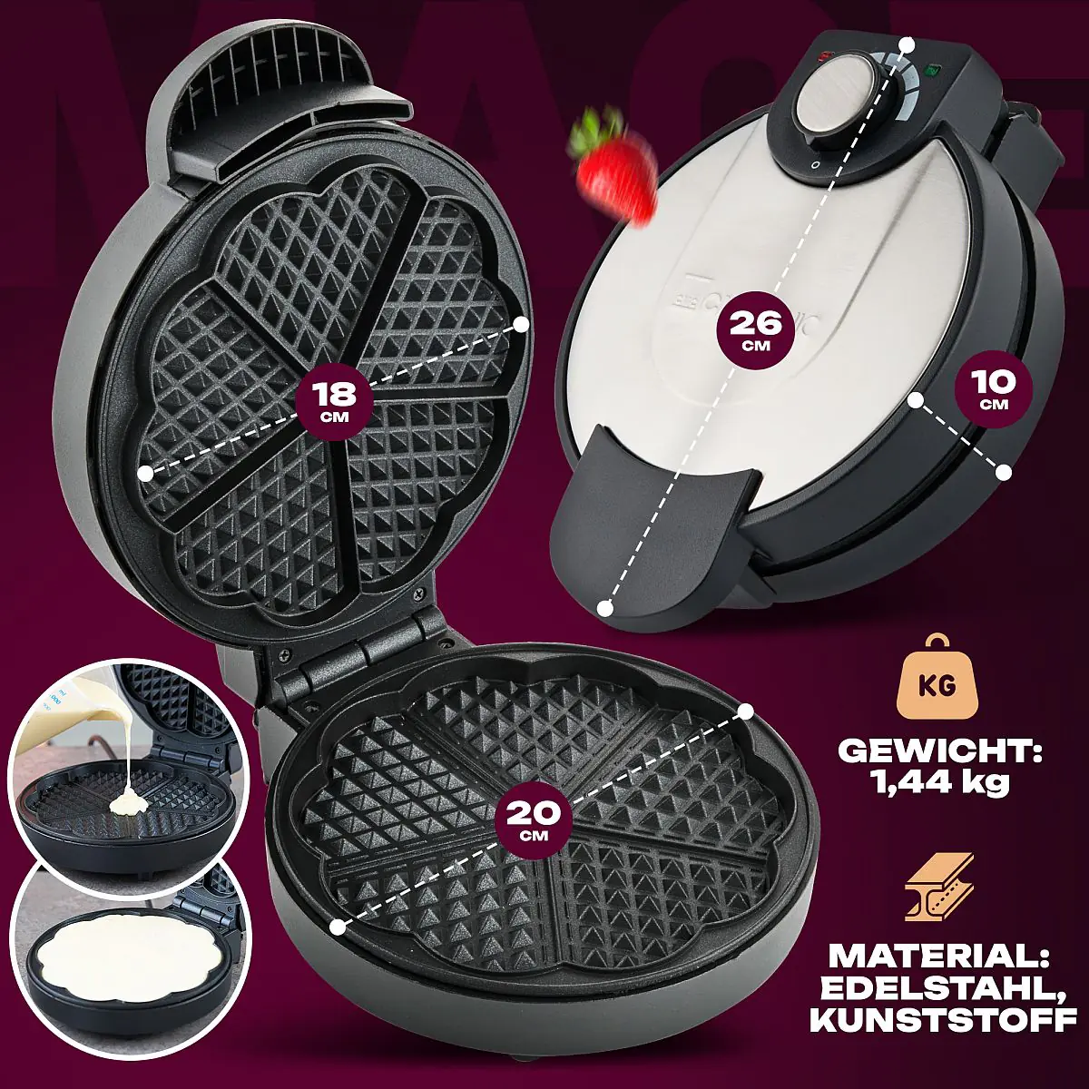 Clatronic Waffelautomat WA 3492 Herzwaffeln Ø18 cm 1000 W