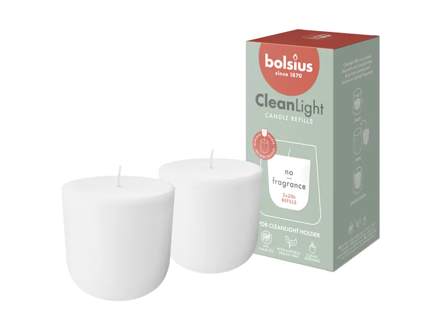 Bolsius Cleanlight Nachfüller 2er Pack - ohne Duft weiß