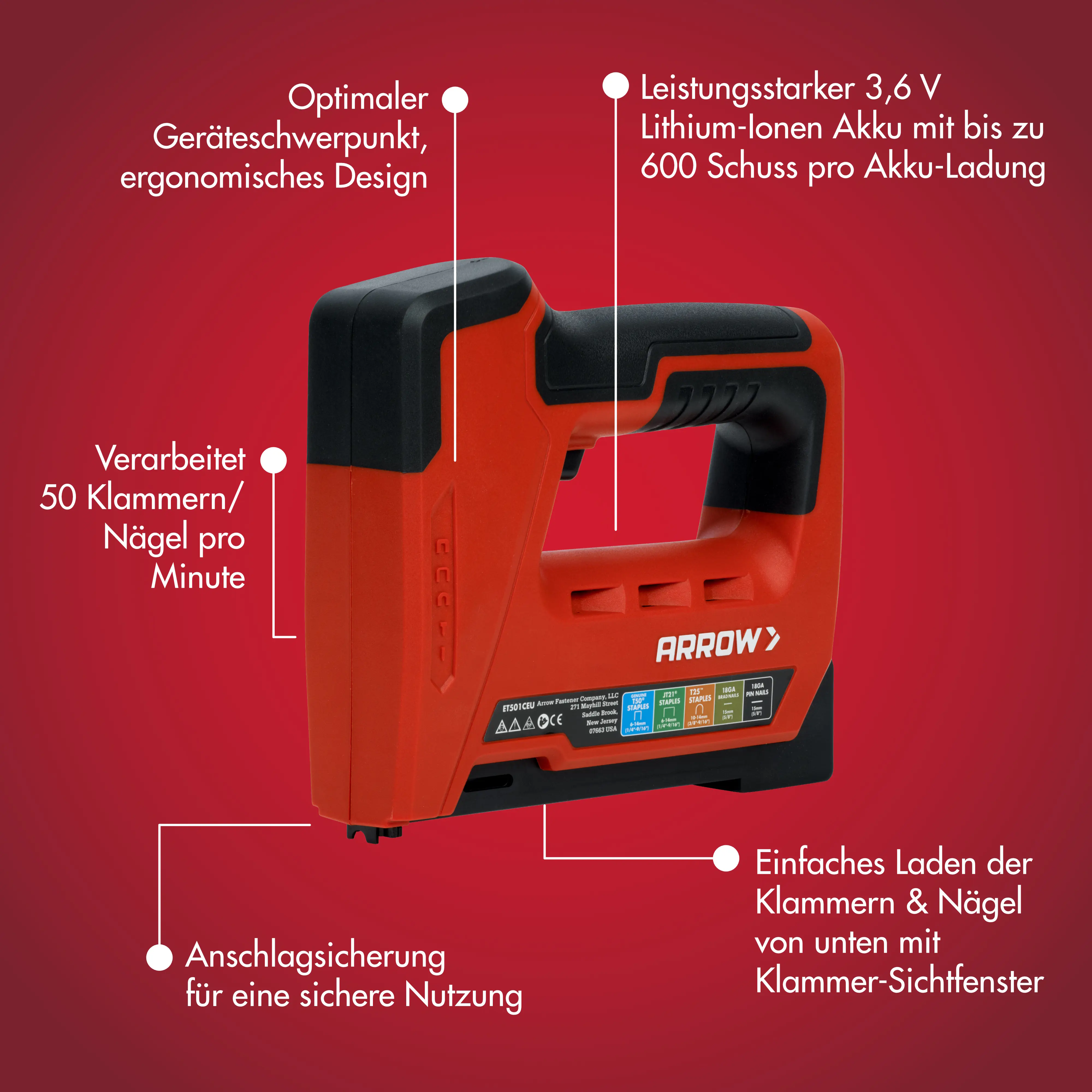 Arrow Akku-Handtacker ET501C 5 in 1 für Klammern, Kabelklammern & Nägel