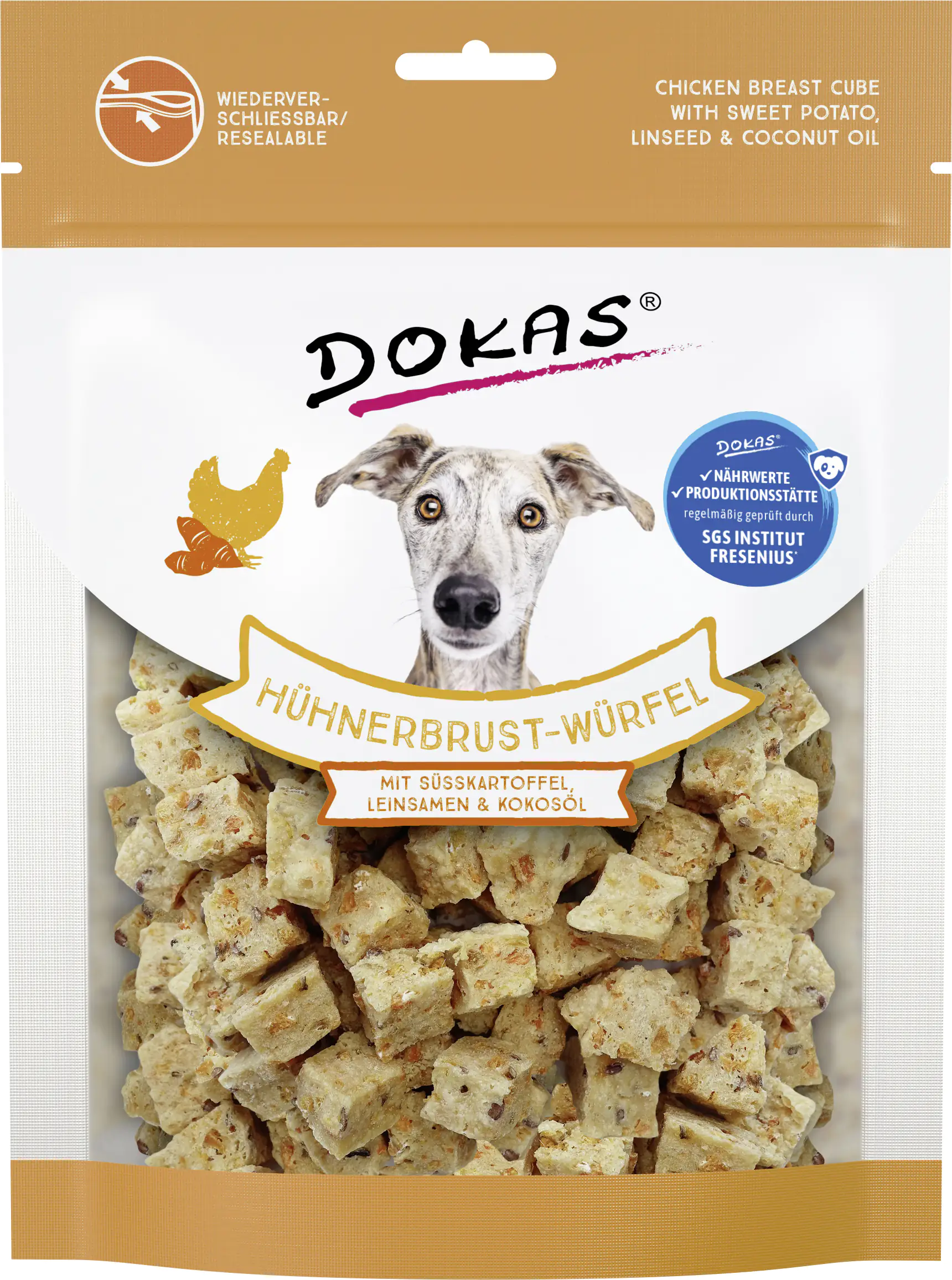 Dokas Hühnerbrust-Würfel mit Süsskartoffel 150 g, Leinsamen & Kokosöl