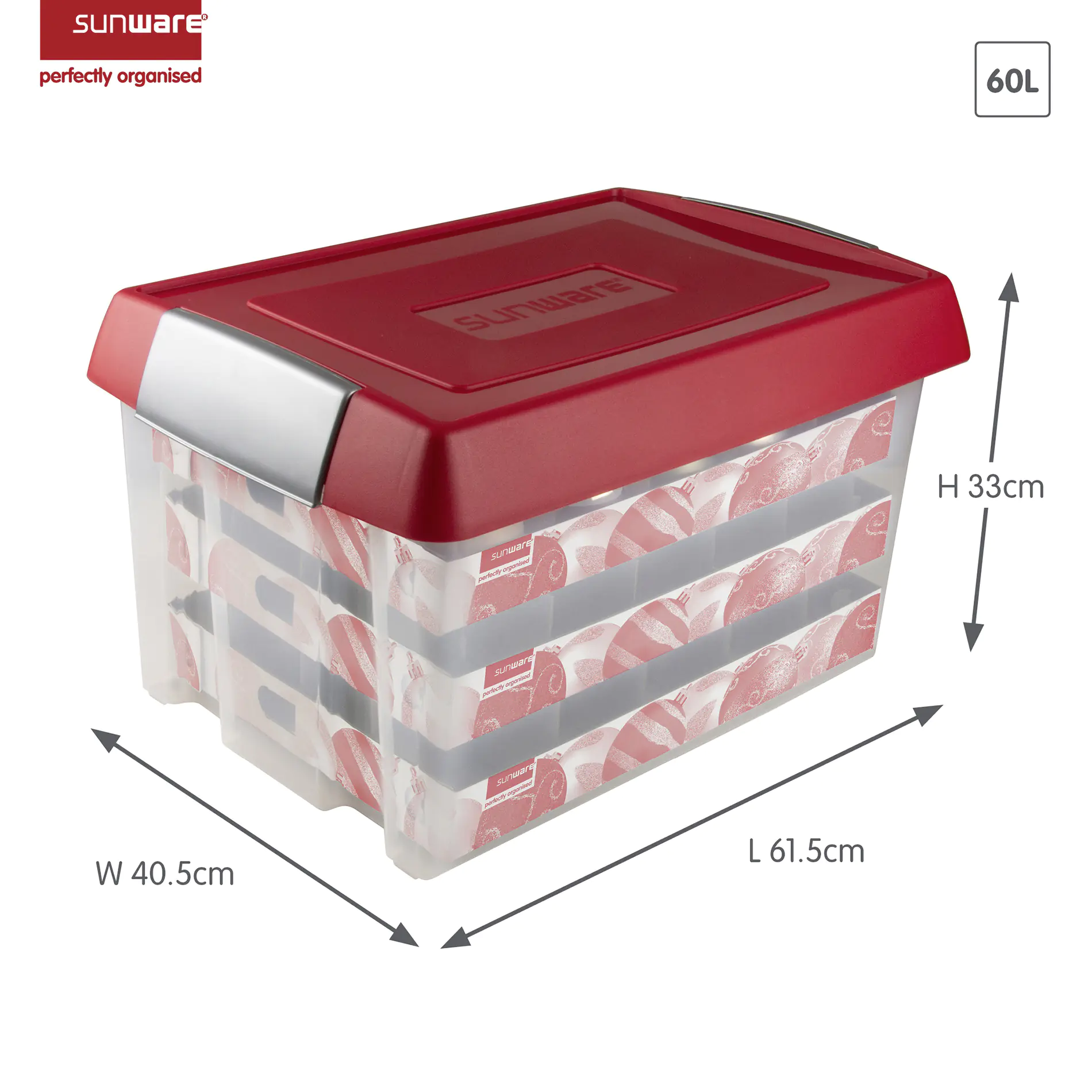 Sunware Weihnachtsbox Nesta 60L mit Einsatz für 60 Kugeln transparent rot
