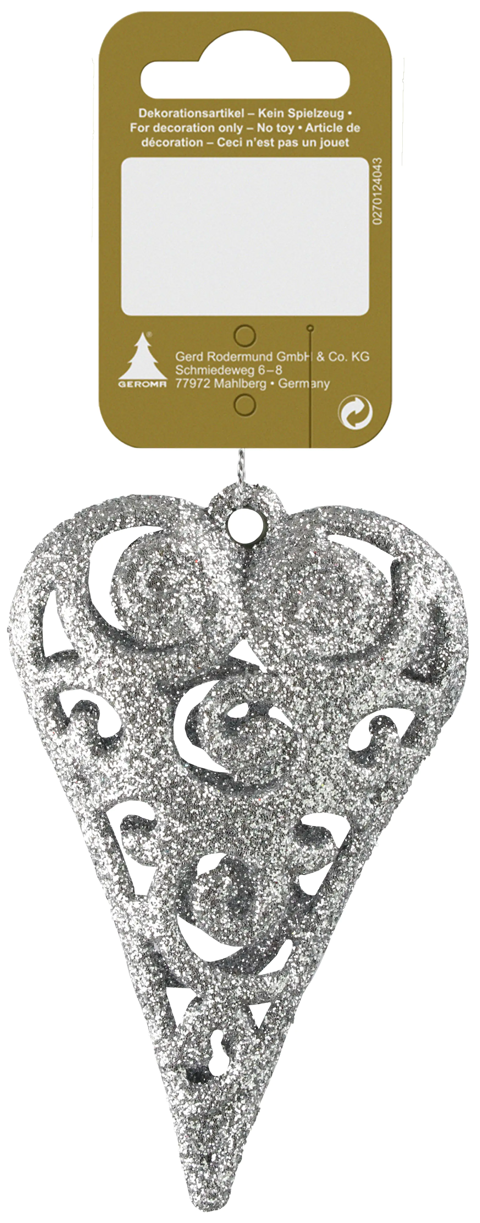 Herz zum Hängen silber mit Glitzer 10 x 6,5 x 2 cm