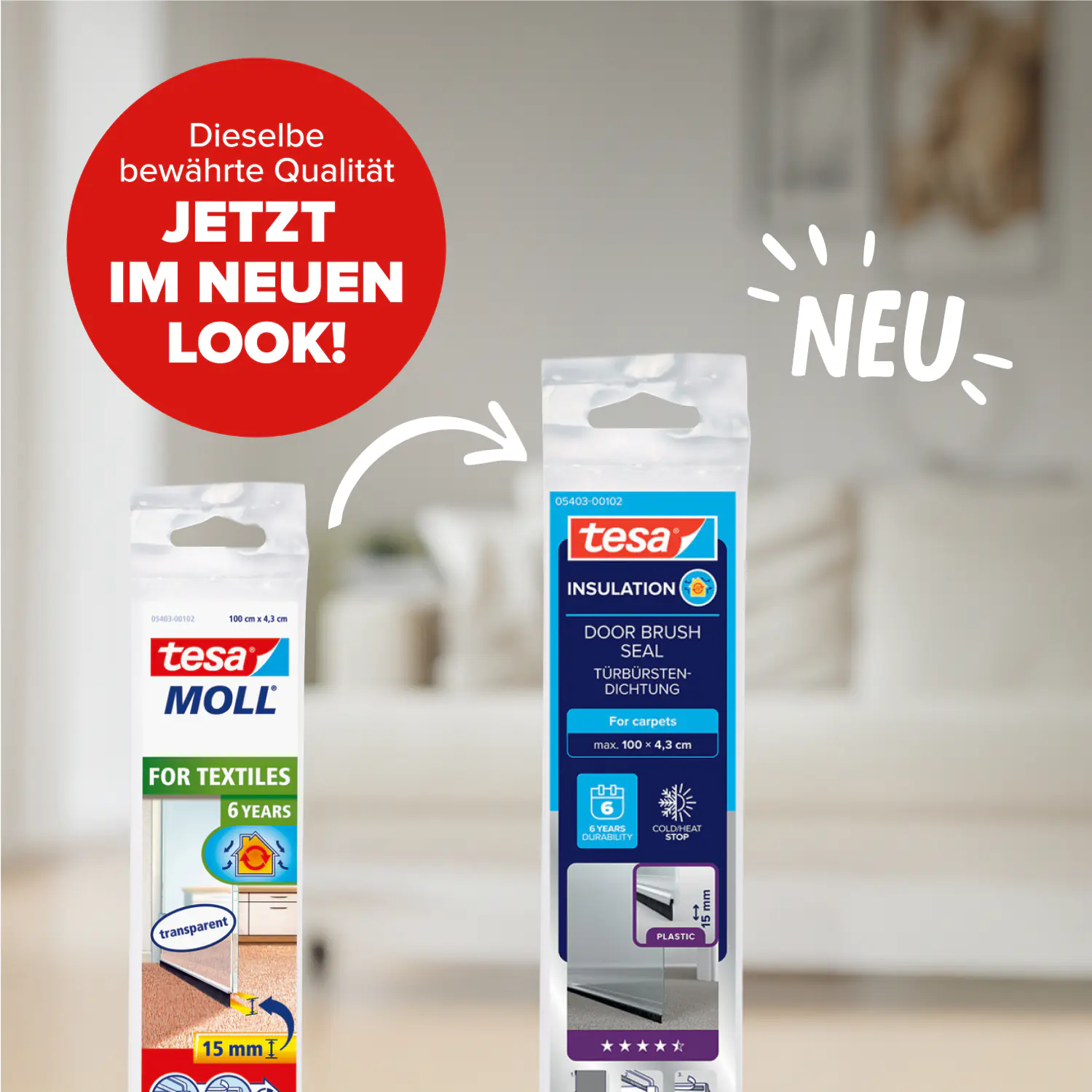 tesa Moll Türdichtschiene Standard weiß, für Textilböden, für Spalten bis 15 mm