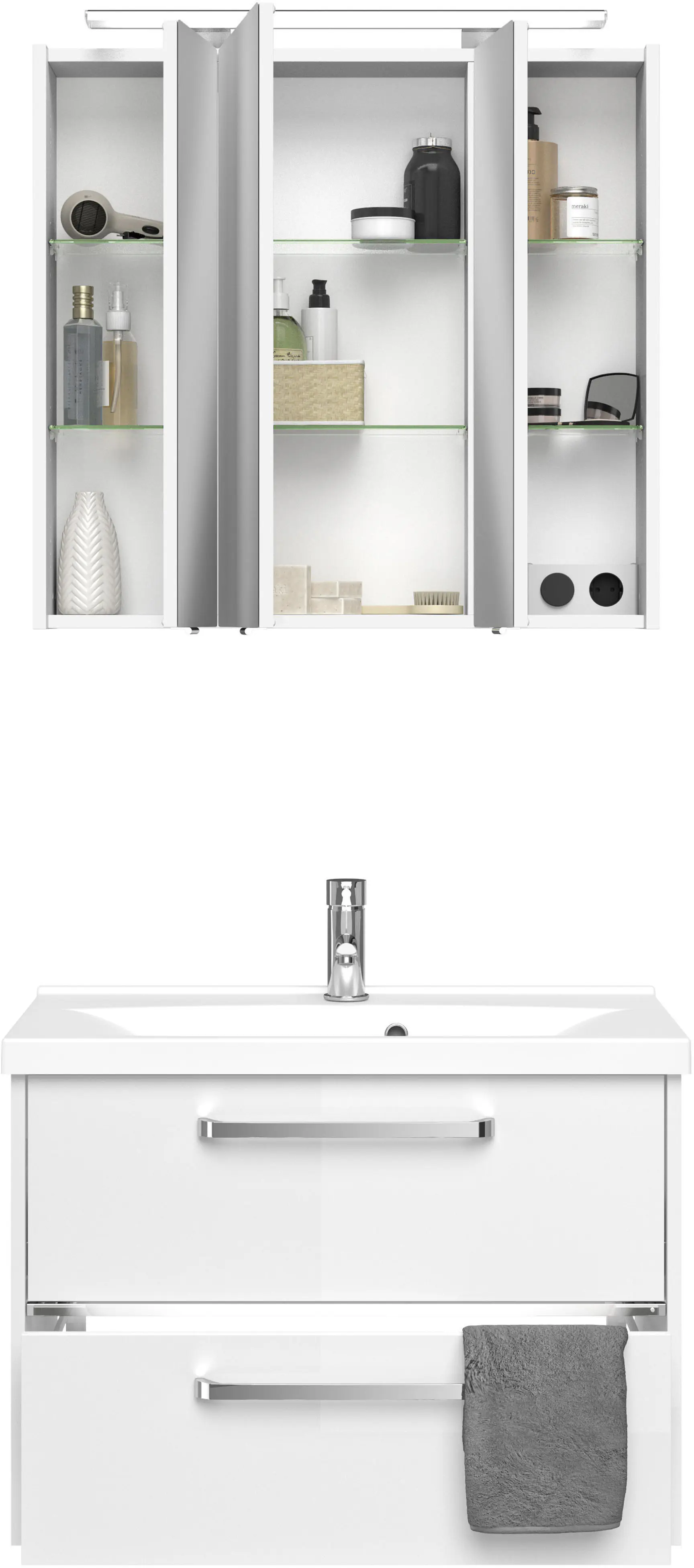 Primaster Badmöbel-Set Berlin weiß 77 cm LED-Leuchten, Mineralgusswaschtisch