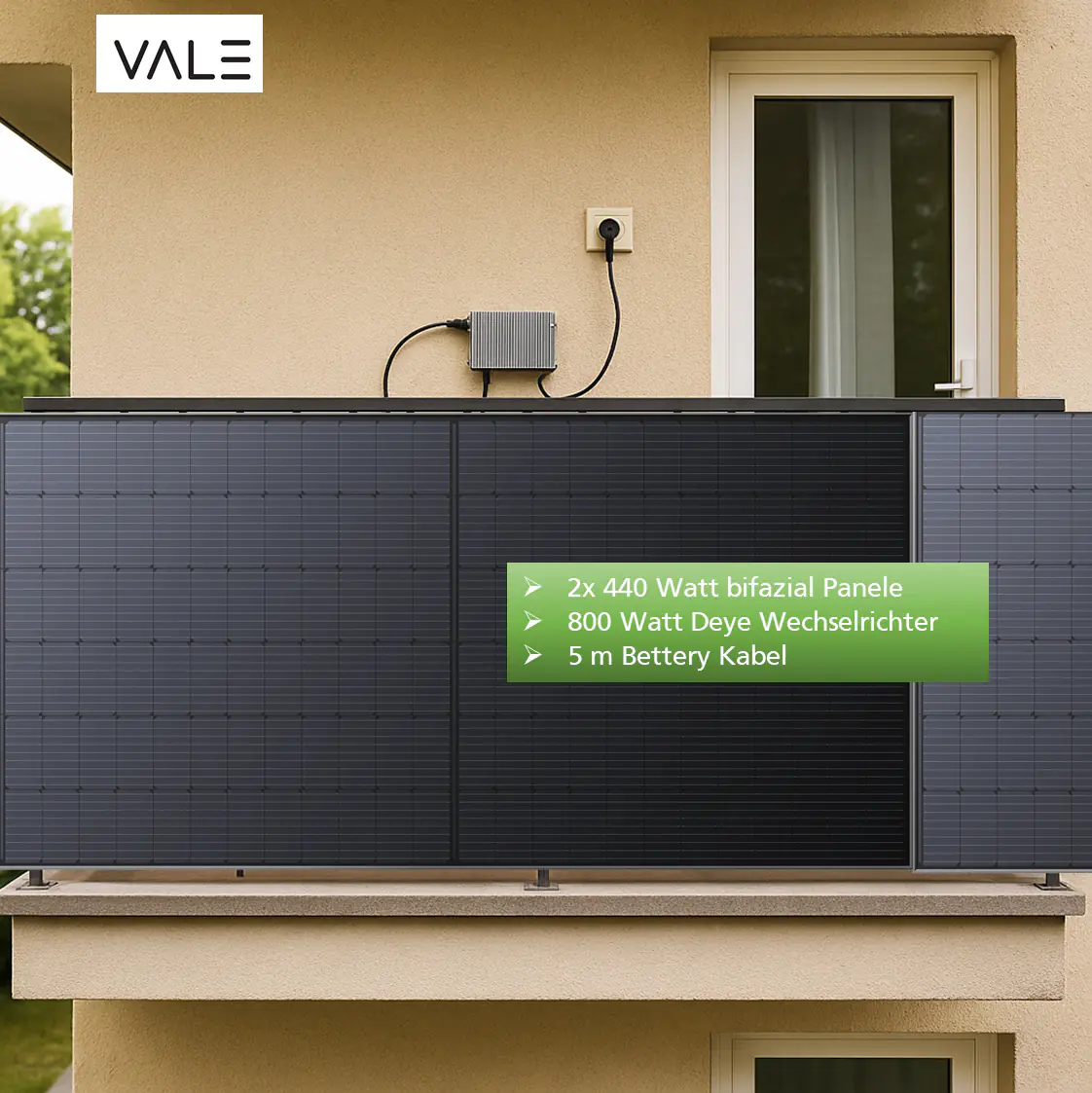VALE Balkonkraftwerk 880 WP mit Deye Wechselrichter VALE Balkonkraftwerk 880 WP mit Deye Wechselrichter