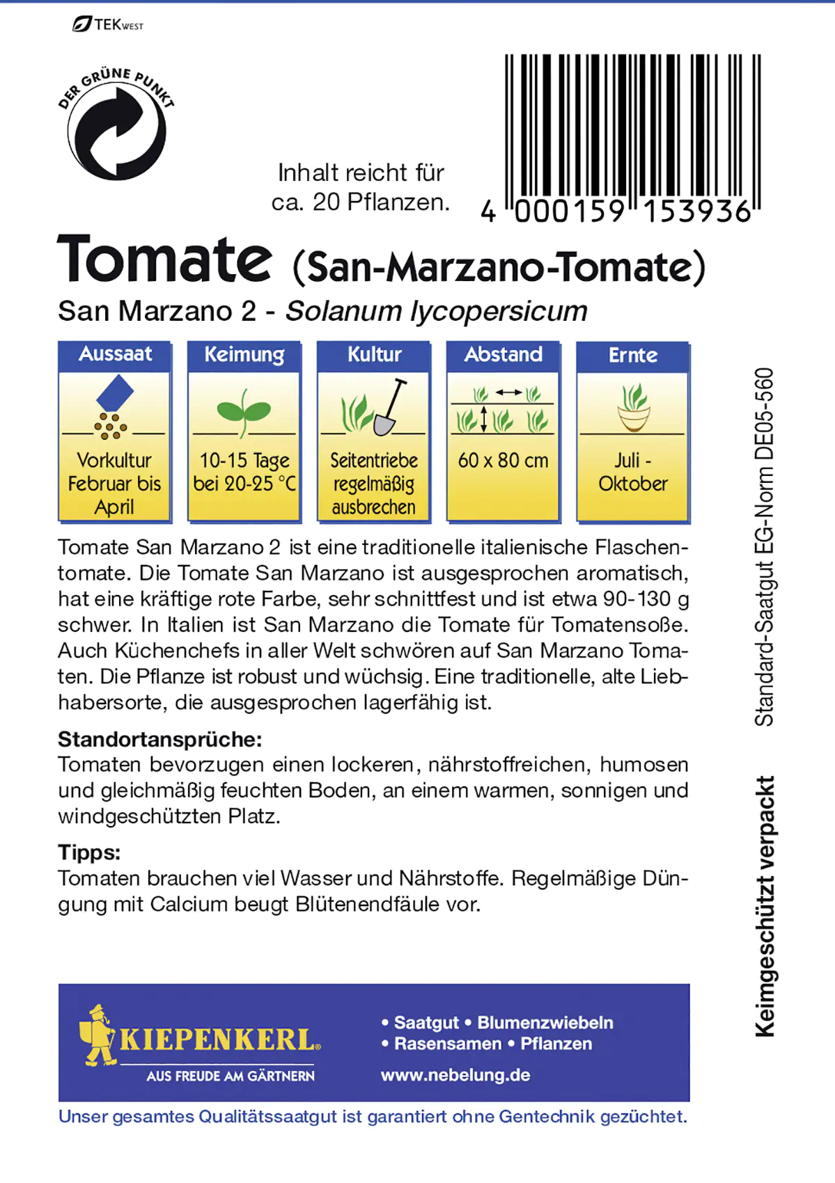 Kiepenkerl Tomate San Marzano 2 Solanum lycopersicum, Inhalt: ca. 20 Pflanzen