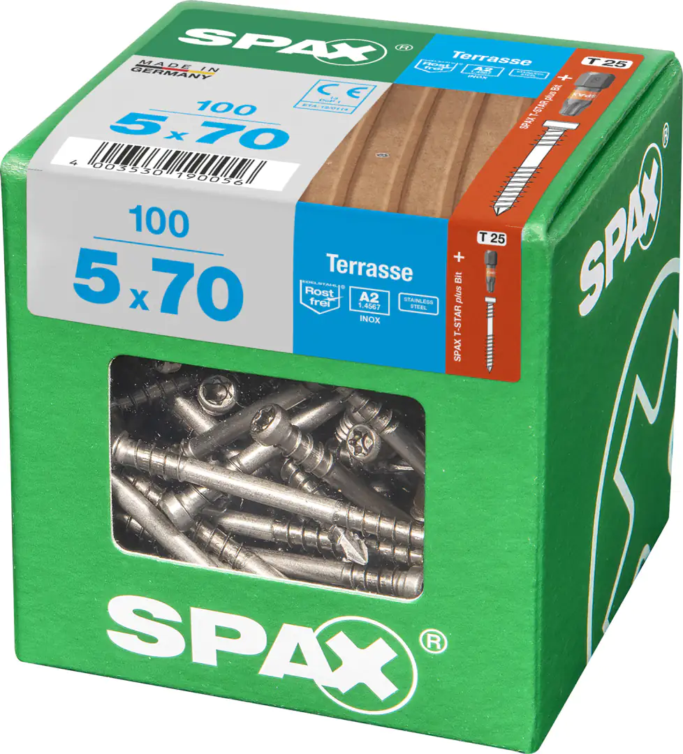 Spax Terrassenschrauben 5.0 x 70 mm TX 25 - 100 Stk. Spax Terrassenschrauben 5.0 x 70 mm TX 25 - 100 Stk.