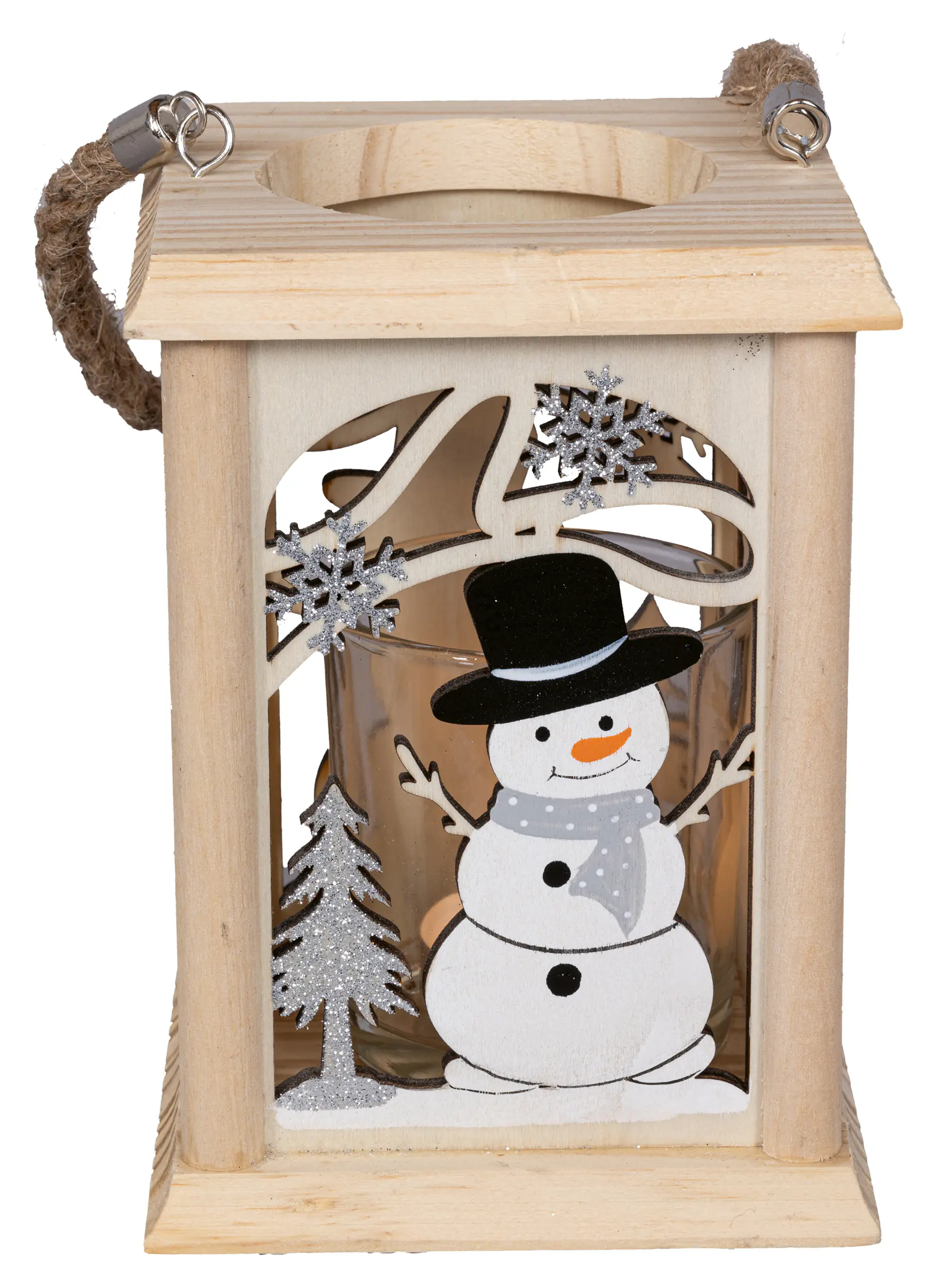 HGD Holzlaterne Schneemann mit Glas-Teelichthalter 11,5 x 11,5 x 16 cm natur