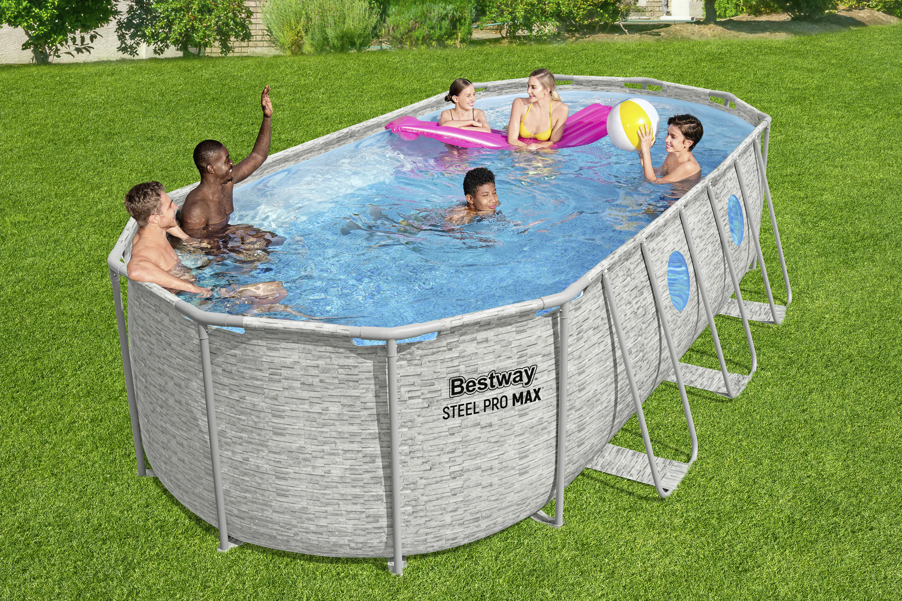 Bestway Steel Pro Max Splashview Frame Pool Komplett-Set oval 549 x 274 x 122 cm cremegraue Steinwand-Optik 