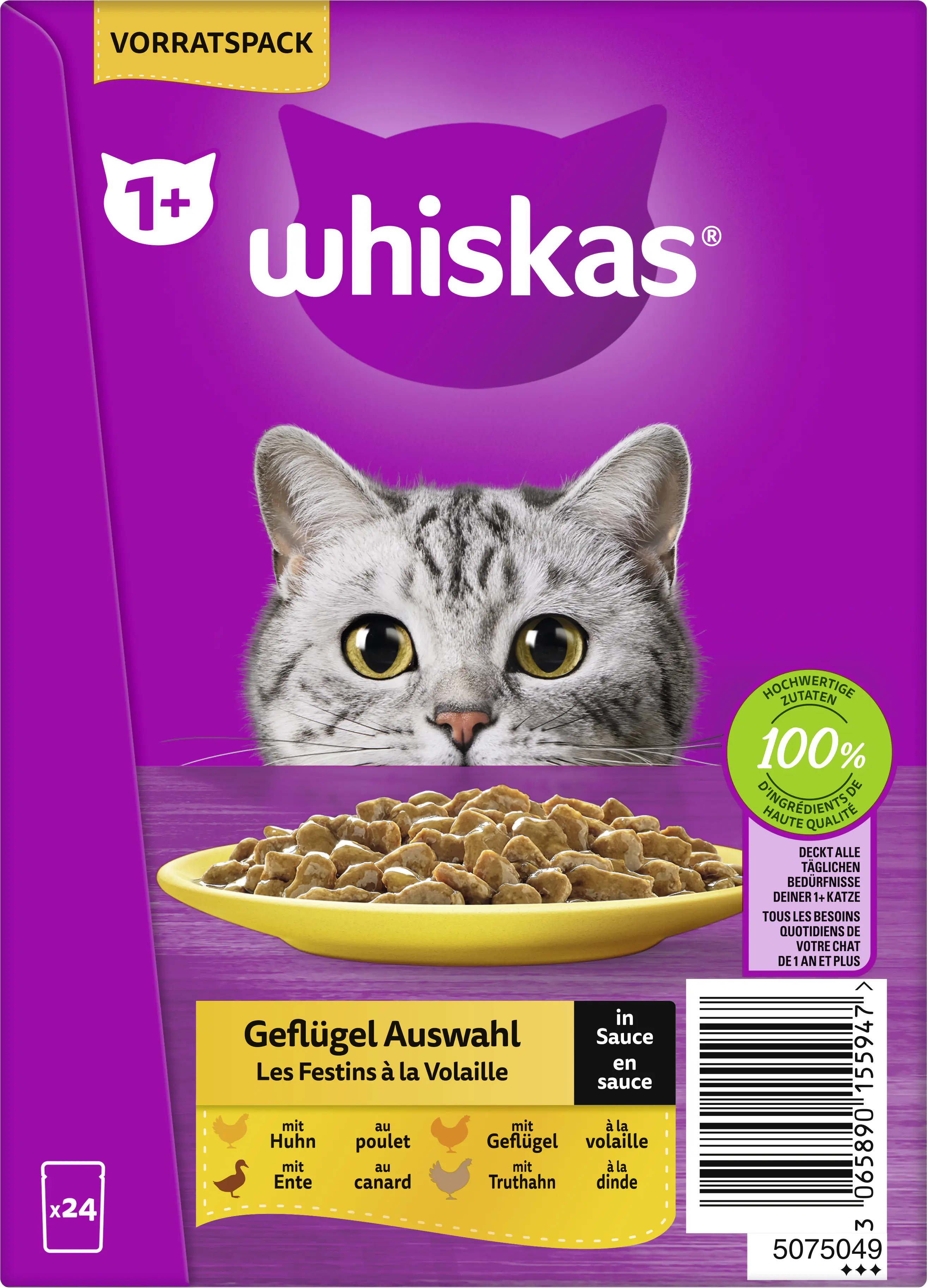 Whiskas Katzennassfutter Adult 24 x 85 g Geflügelauswahl in Sauce 