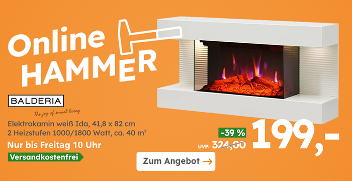 Werbebanner mit Elektrokamin. Text im Bild: ‚Online HAMMER‘, ‚BALDERIA‘, ‚-39 %‘, ‚199,-‘, ‚Nur bis Freitag 10 Uhr‘, ‚Versandkostenfrei‘.