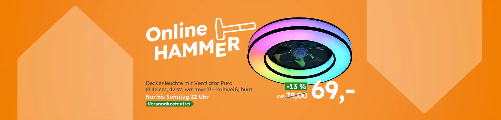„Online HAMMER“: Deckenleuchte mit Ventilator Pura Ø 42 cm für 69,- € statt UVP 79,00 €, versandkostenfrei bis Sonntag 22 Uhr.
