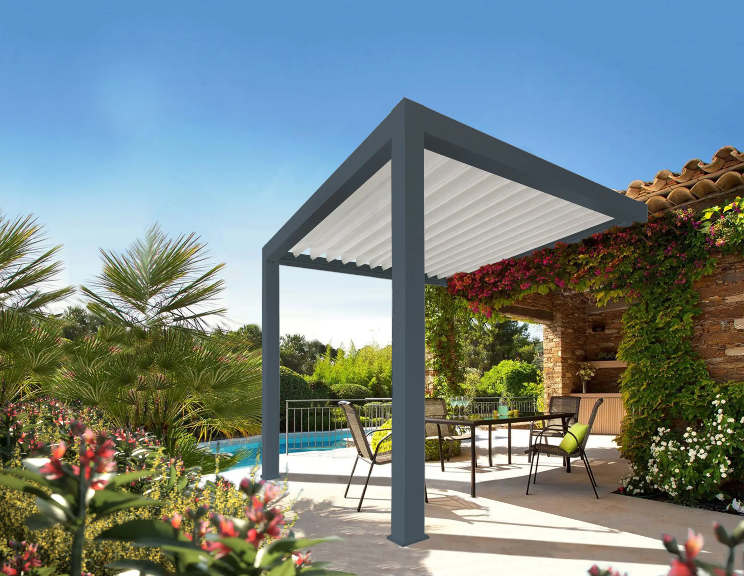 Lamellen Terrassenüberdachung 480 x 406,7 x 273 cm grau-weiß