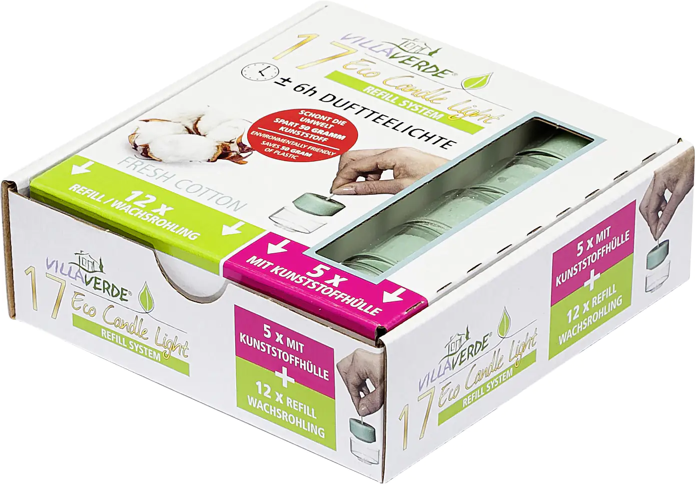 Villa Verde Duftteelichter ECL (5x m.Hülle+ 12x refill) Fresh Cotton Villa Verde Duftteelichter ECL (5x m.Hülle+ 12x refill) Fresh Cotton
