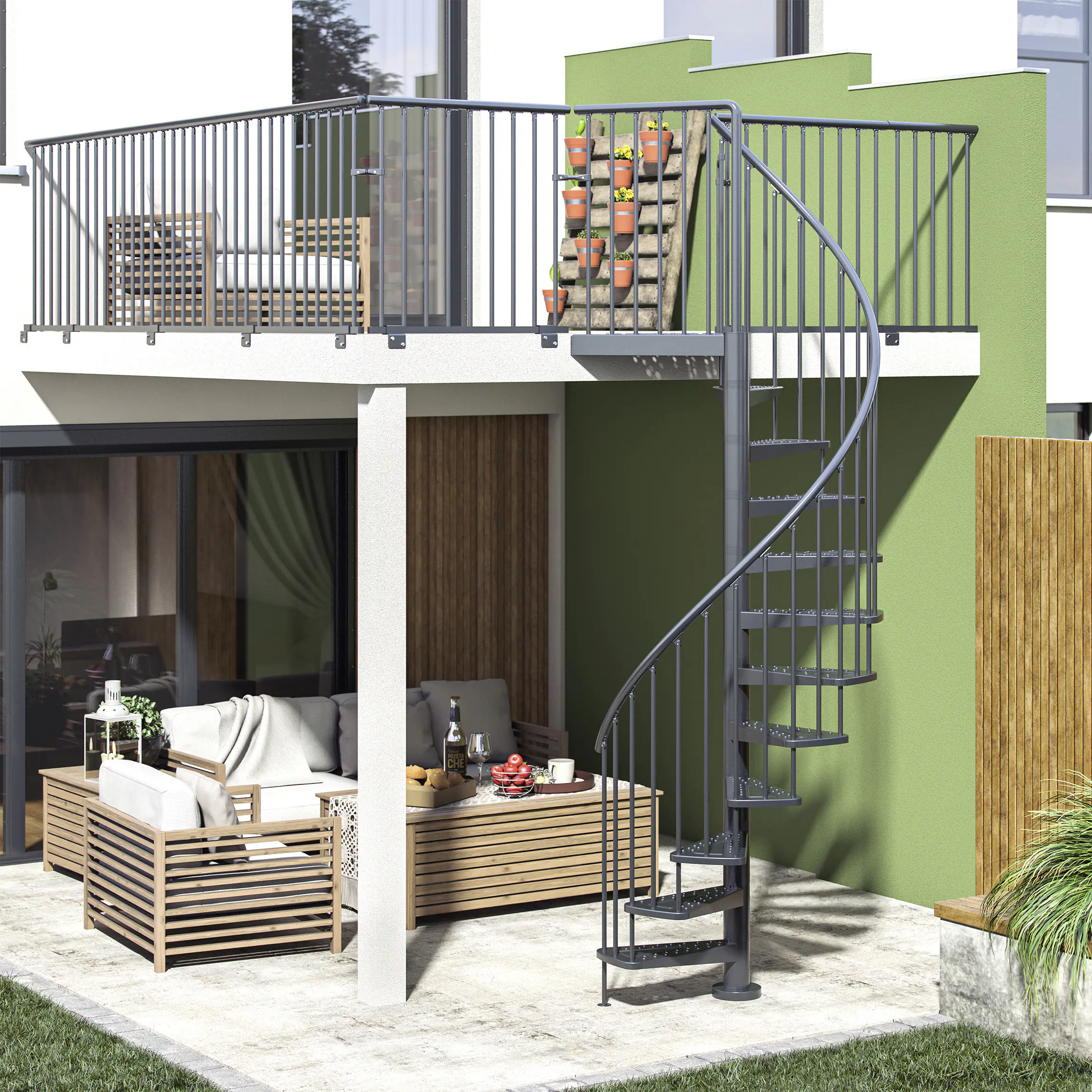 Dolle Außenspindeltreppe Gardenspin komplett 12 Stufen Ø 125 cm mit Metallstufen anthrazit