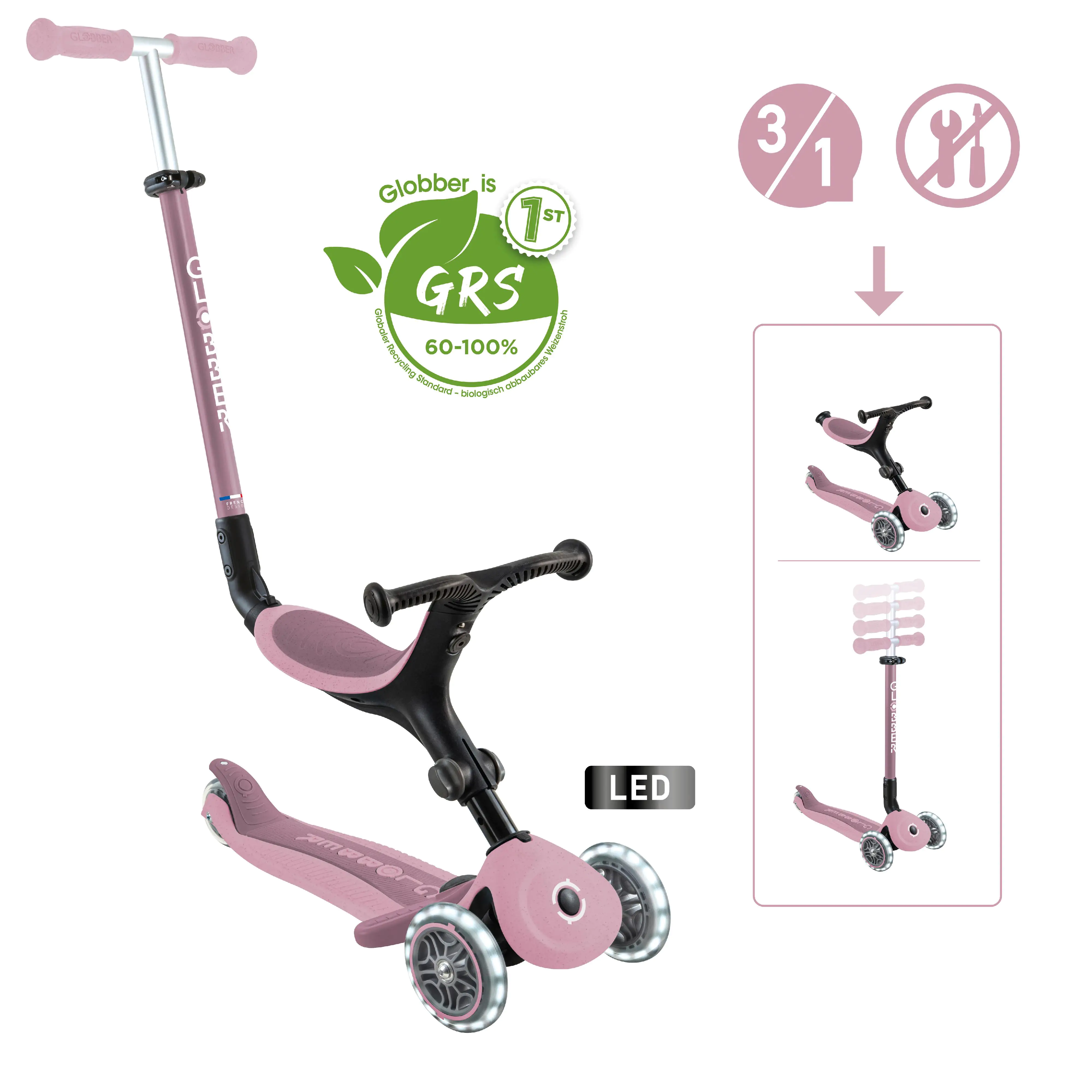 Globber 3-in-1 Fahrzeug Go-Up Active Lights Eco beere mit Leuchtrollen