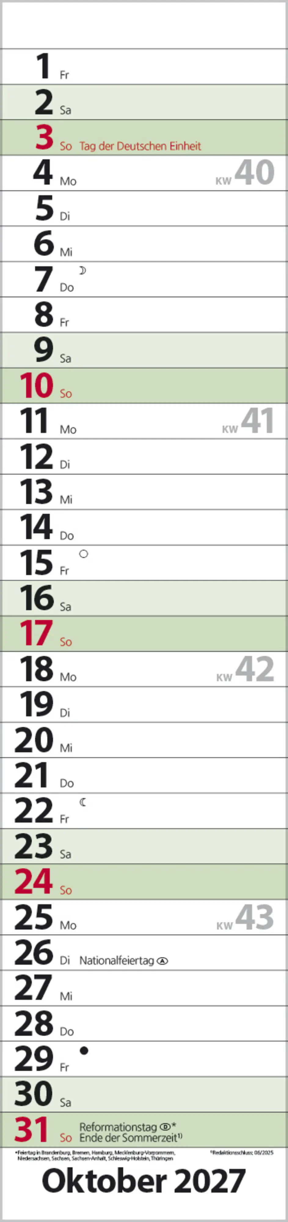 Korsch Kalender Streifenplaner Compact 2027 dunkelgrün 