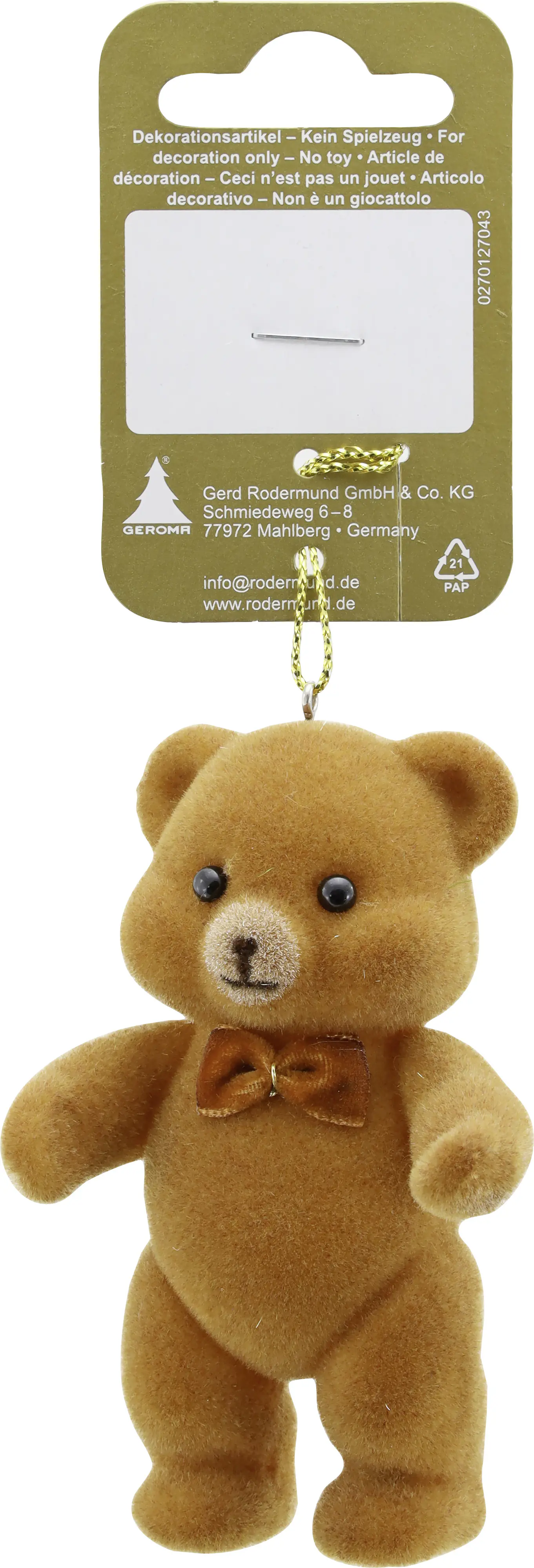 Weihnachtsanhänger Teddybär aus Kunststoff mit brauner Schleife 9 x 5 x 4,5 cm braun