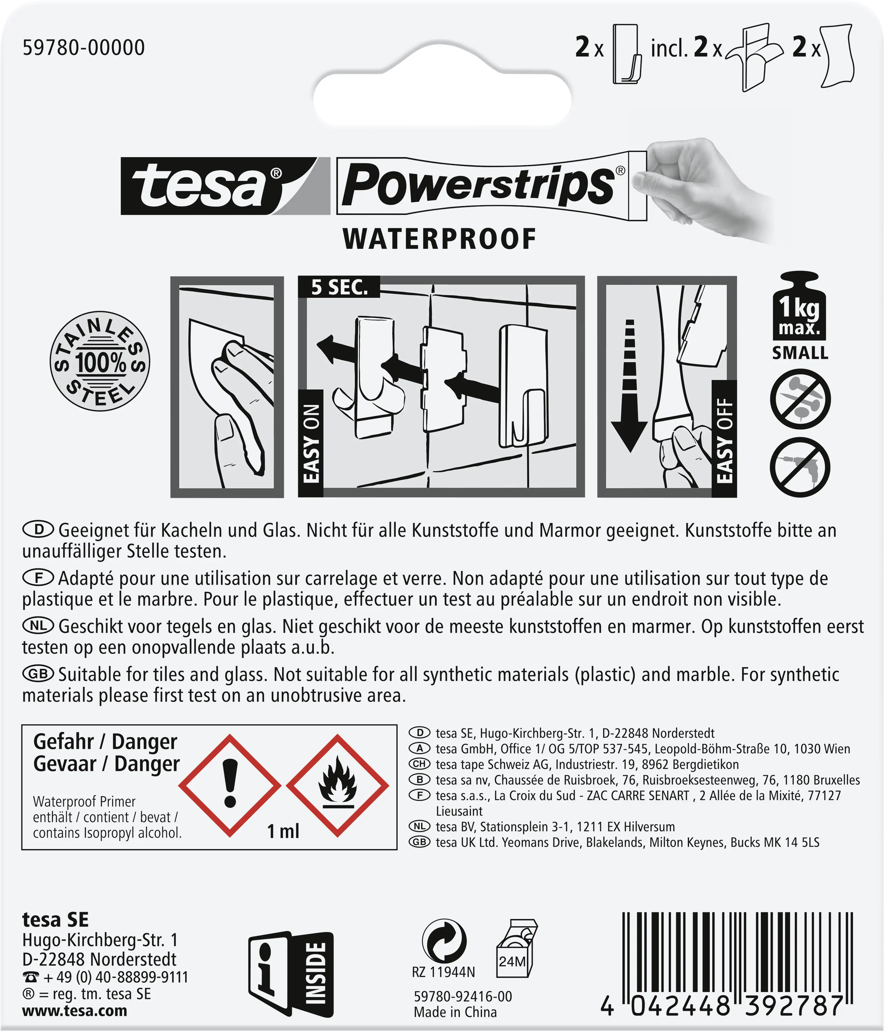 tesa Powerstrips Haken Small Waterproof rechteckig, Edelstahl