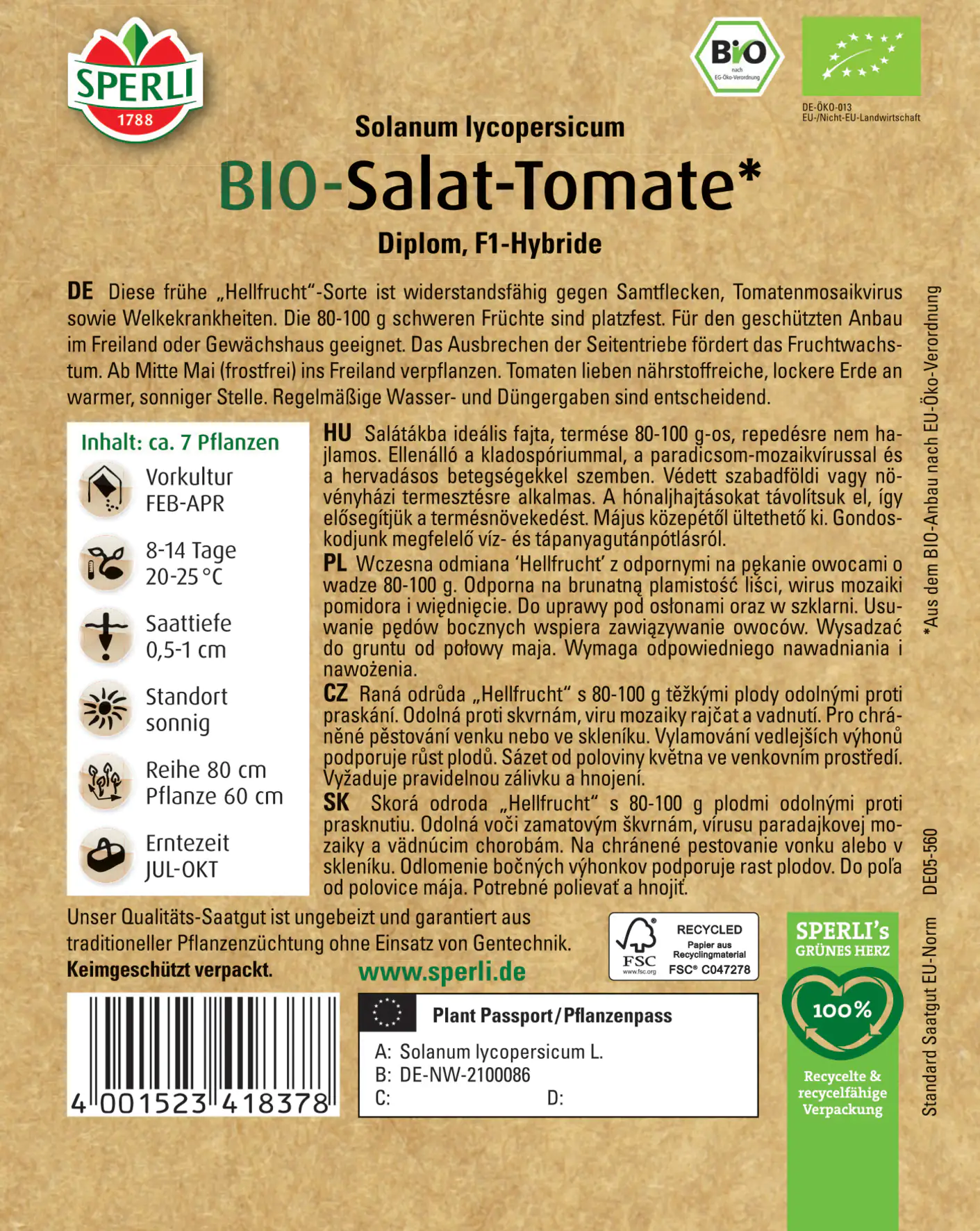 Sperli BIO Salat-Tomate Hellfrucht F1 Sperli BIO Salat-Tomate Hellfrucht F1