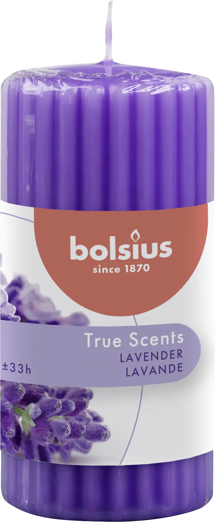 Bolsius True Scents Duft Stumpenkerze geriffelt Lavendel blaulila, 12 cm