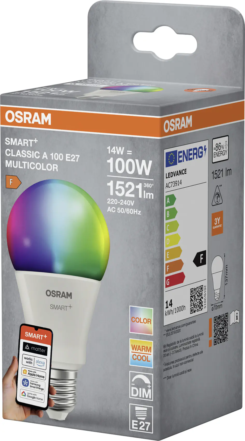 Osram SMART+ Matter Leuchtmittel E27 Classic 14W matt RGBW 
