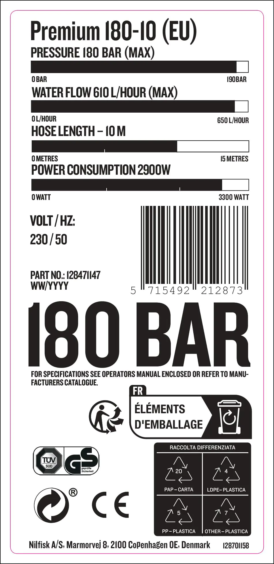 Nilfisk Hochdruckreiniger Premium 180 -10 2900 W 180 bar 610 l/h Nilfisk Hochdruckreiniger Premium 180 -10 2900 W 180 bar 610 l/h