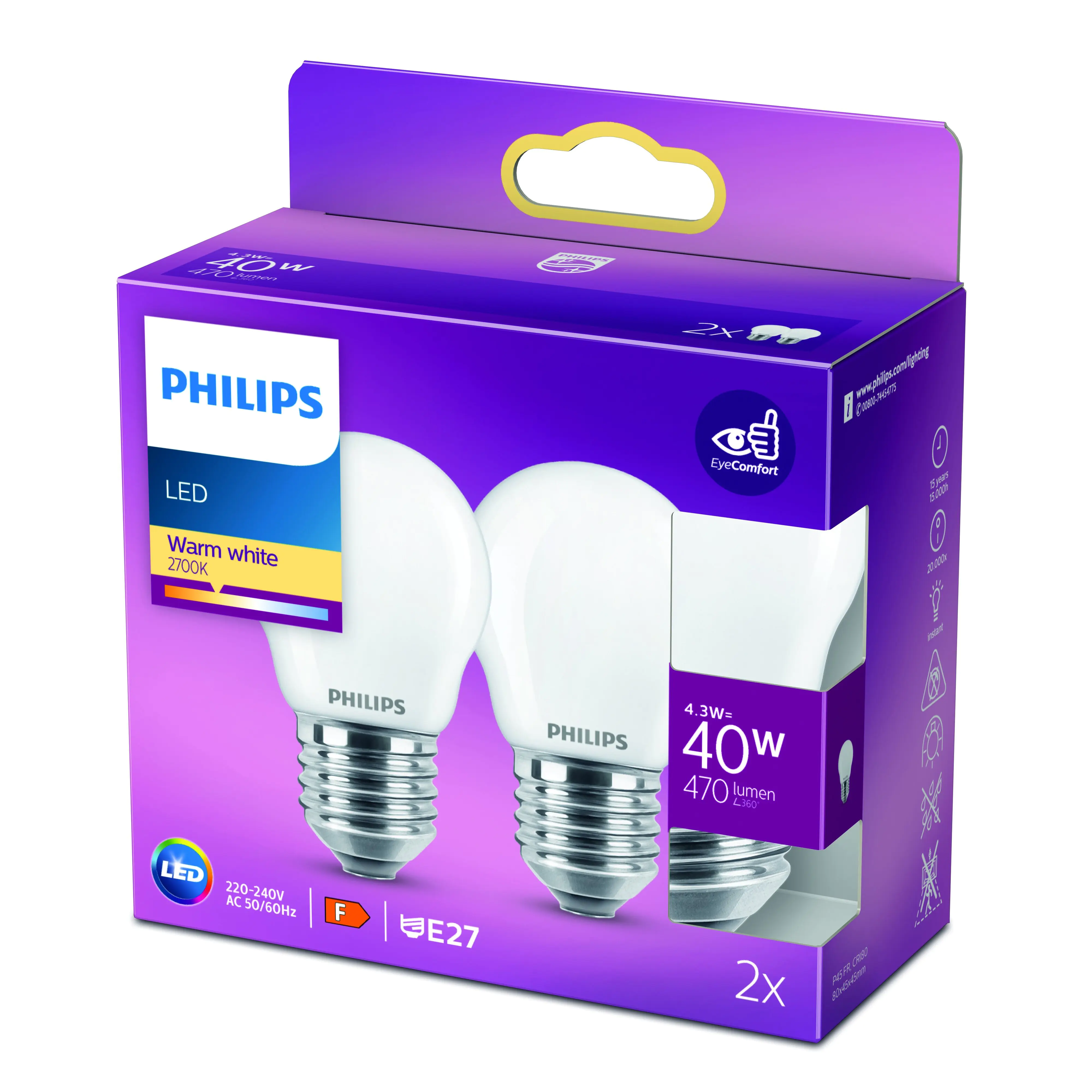 Philips LED-Leuchtmittel Filament Tropfenform P45 E27 4,3W warmweiß 2er Pack