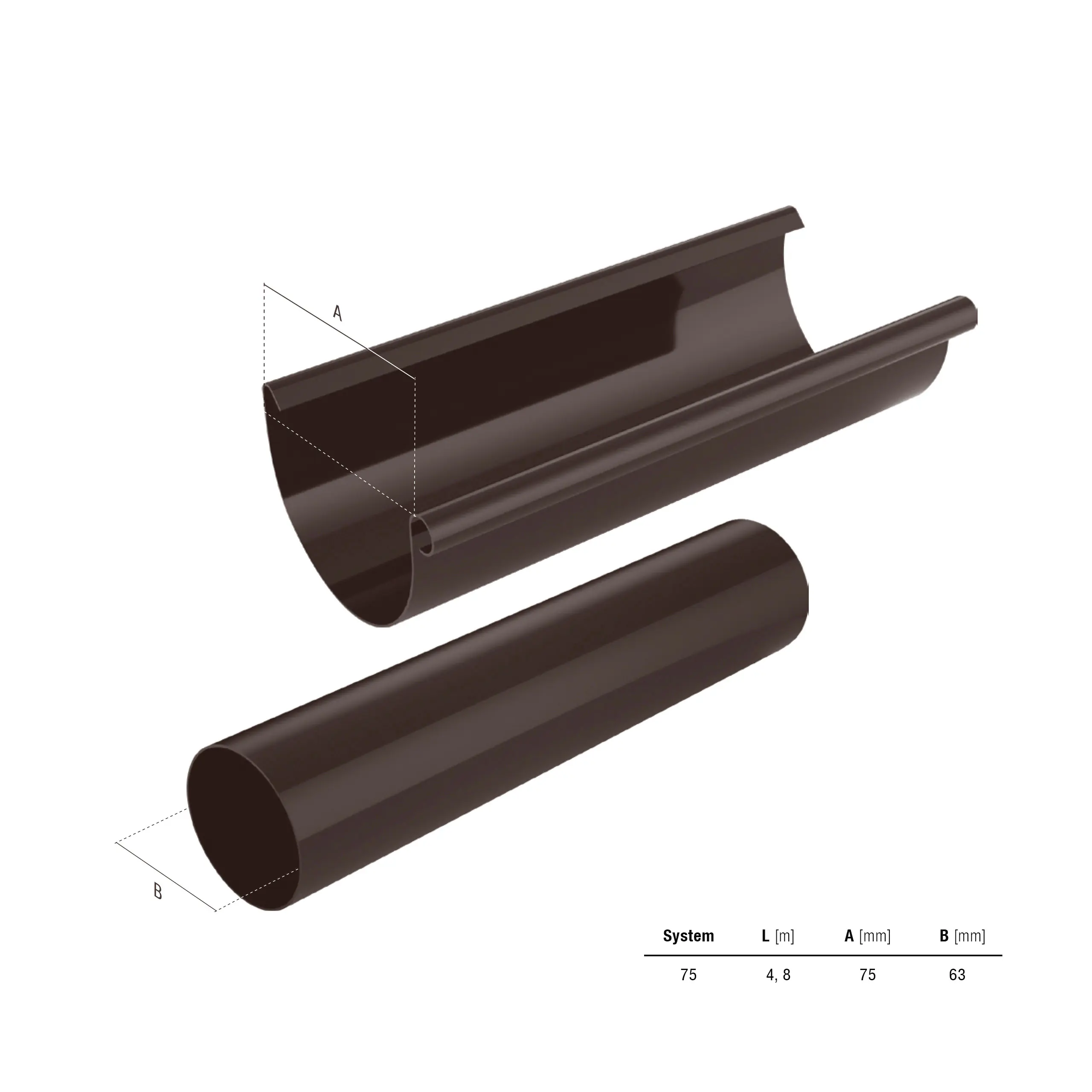 SMART Dachrinnen-Set PVC, 38-teilig, 75/63 mm für 8 m Dachlänge, Braun RAL 8019