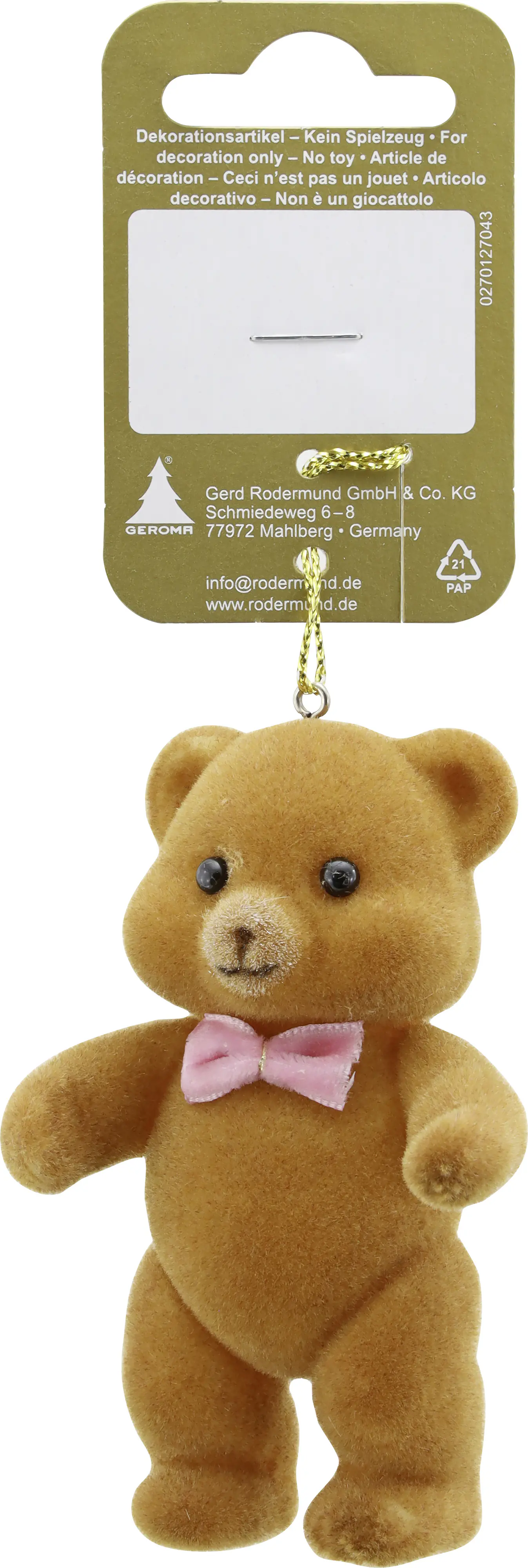 Weihnachtsanhänger Teddybär aus Kunststoff mit rosa Schleife 9 x 5 x 4,5 cm braun