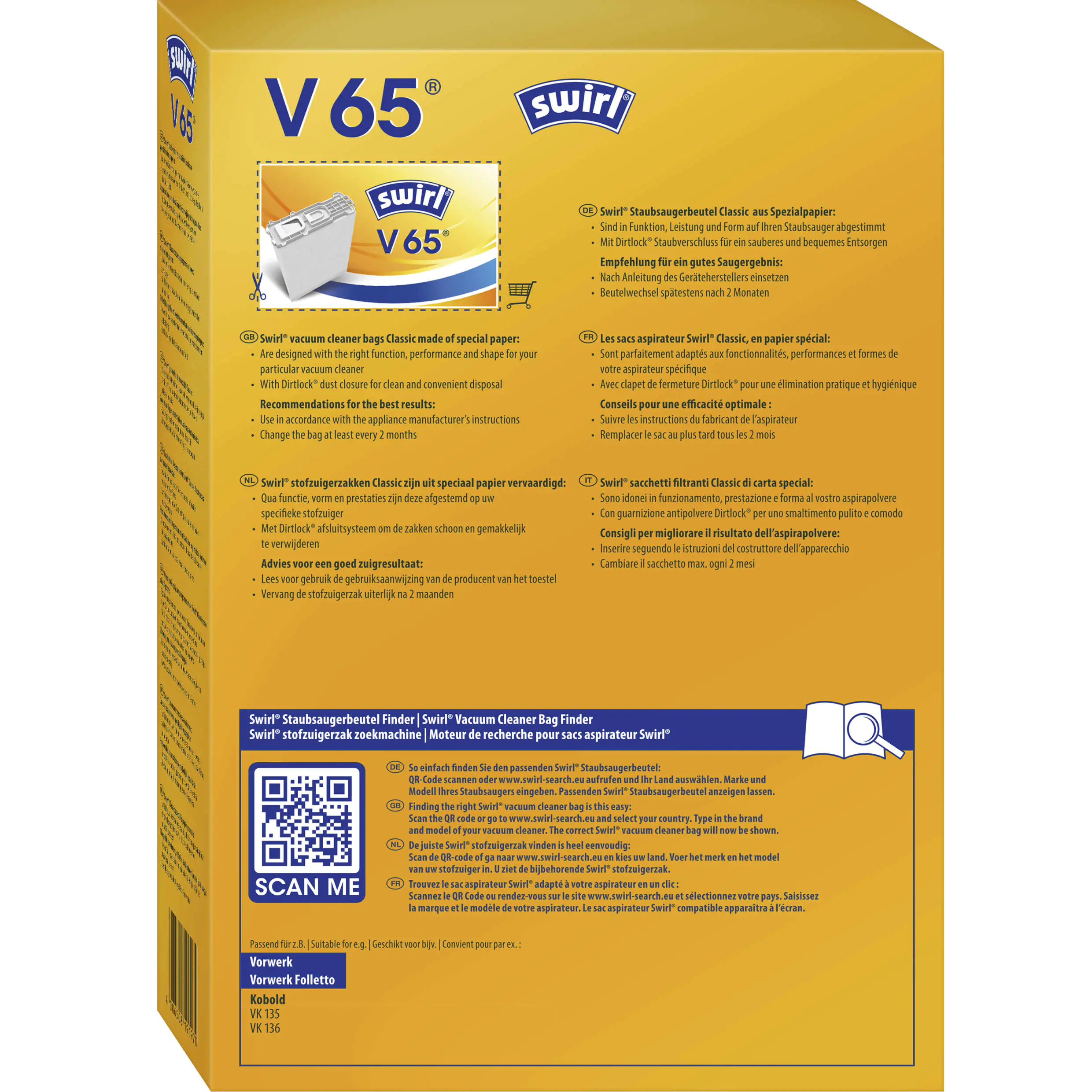 Swirl V 65 Spezialpapier Staubsaugerbeutel 4 Staubbeutel Swirl V 65 Spezialpapier Staubsaugerbeutel 4 Staubbeutel