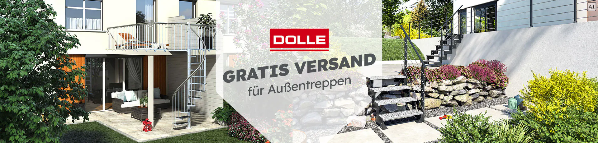 Werbebanner von DOLLE für Außentreppen mit Hinweis auf Gratis Versand; gezeigt werden zwei Außentreppen an Wohnhäusern.