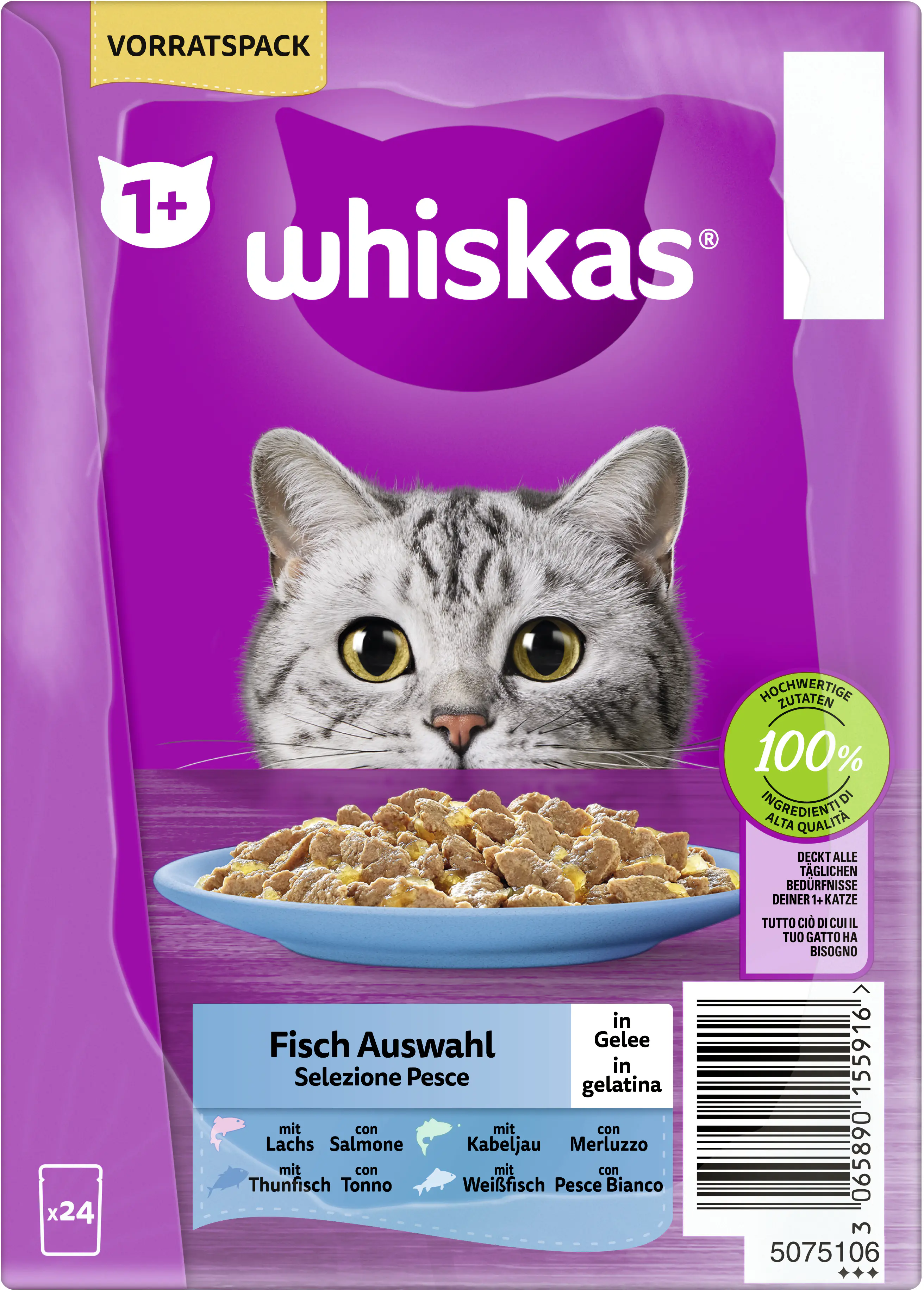 Whiskas Katzennassfutter Adult 24 x 85 g Fischauswahl in Gelee