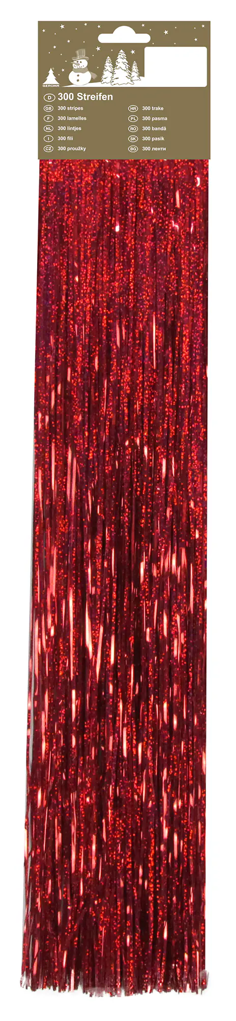 Hängelametta 300 Streifen mit Headerkarte holographisch Kunststoff 50 cm rot