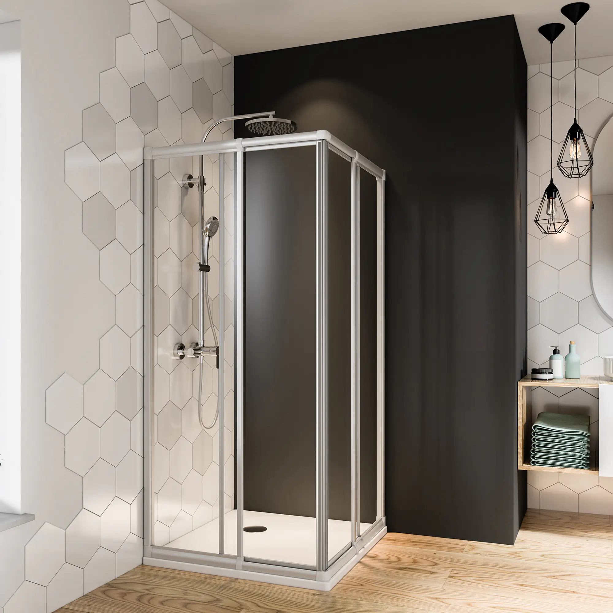 Breuer Fara 4 Eckeinstieg Schiebetür 70-80 x 185, Alu silber matt, Kunststoffglas