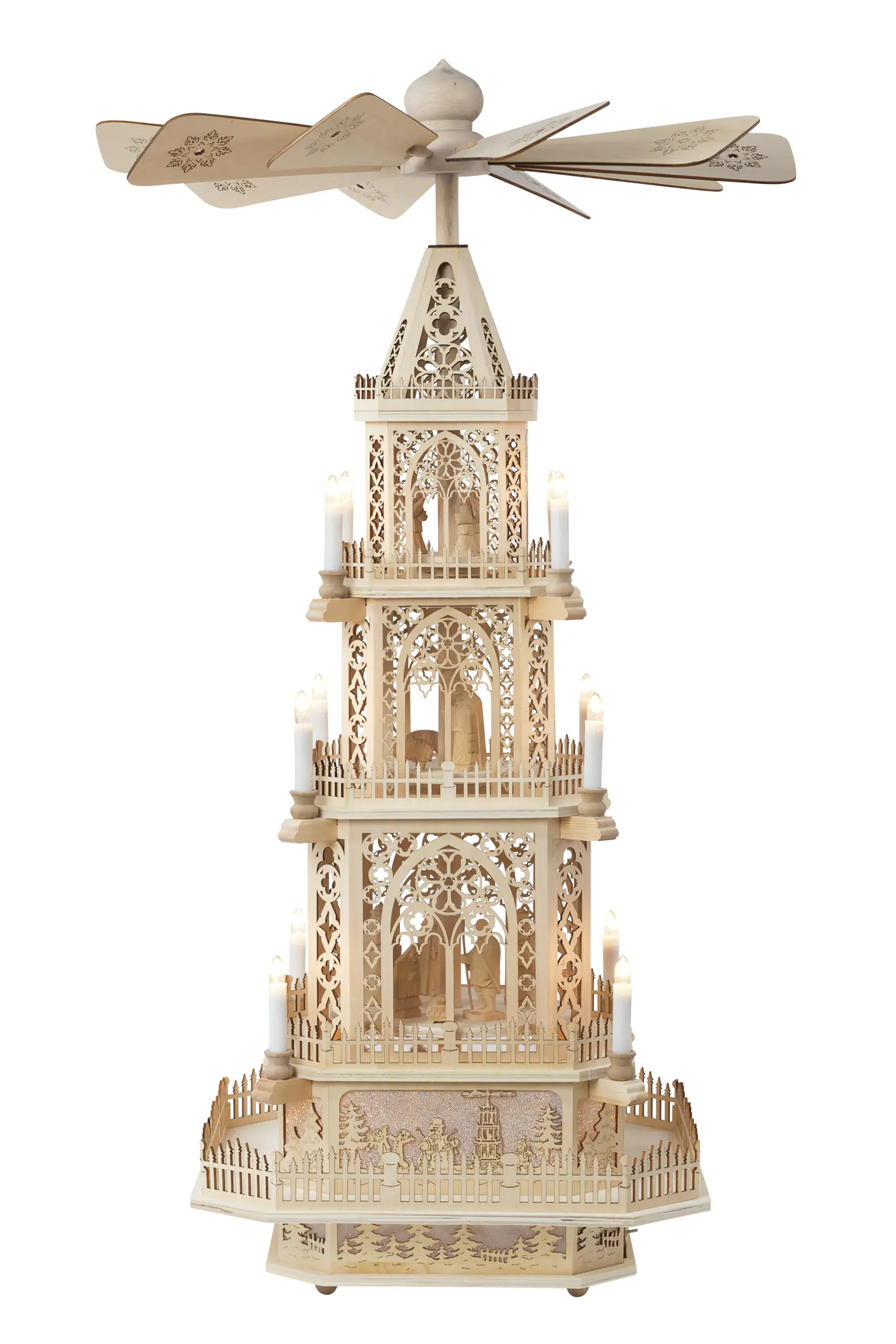 HGD Weihnachtsdeko Pyramide Gothik mit Beleuchtung & Motor 3-stöckig 100 x 45 cm natur