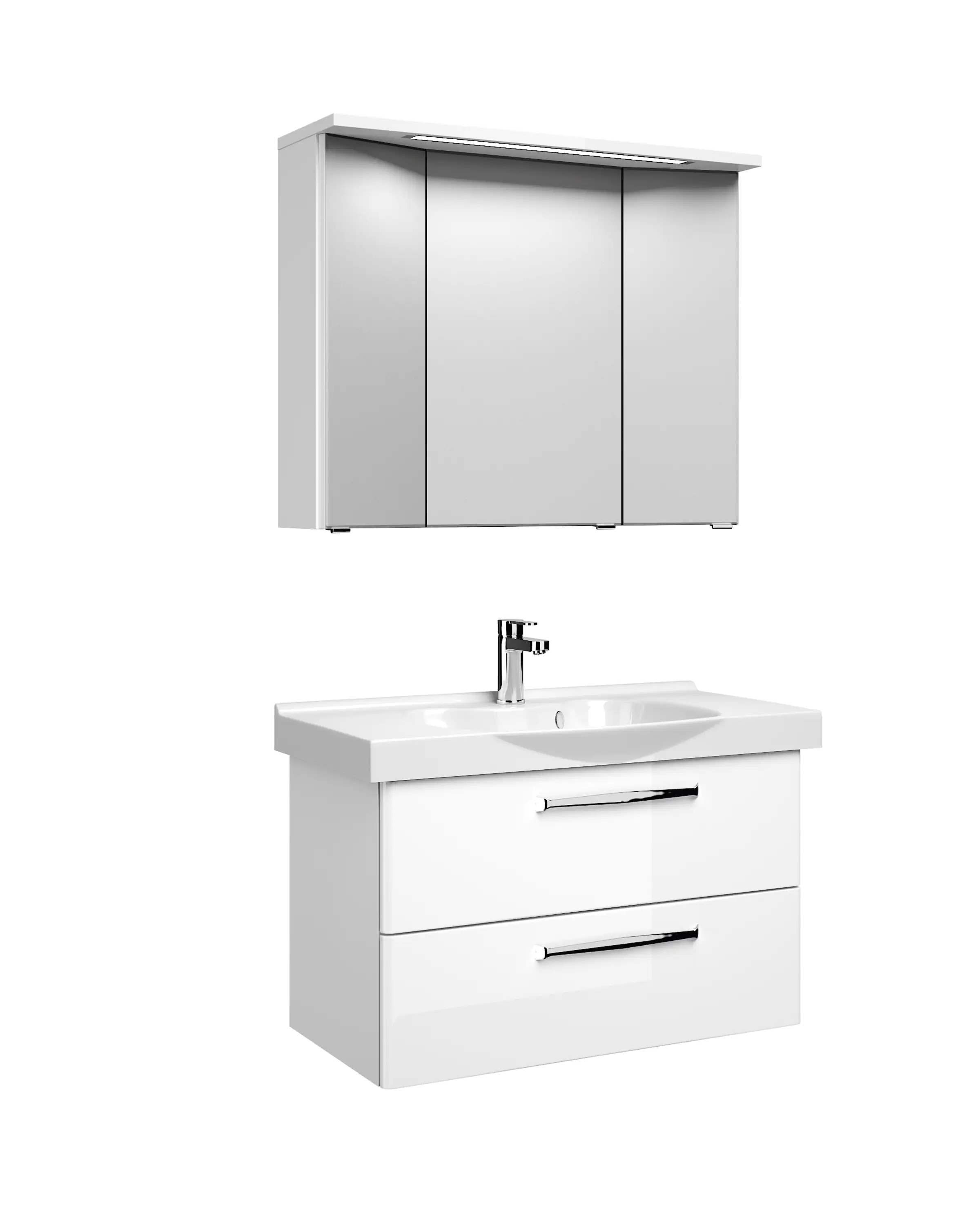 4017026107497_1 Pelipal Badmöbel-Set Trentino Weiß Hgl/Weiß Glanz mit Keramik-Waschtisch + 3D-Spiegelschrank 92 cm