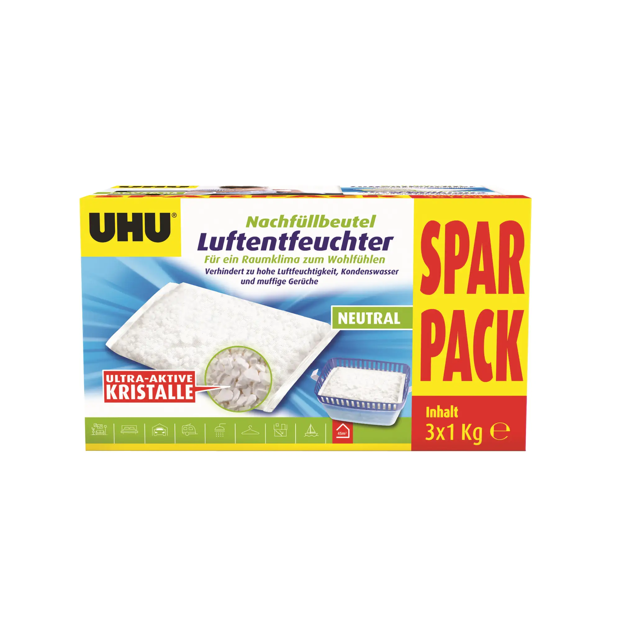 UHU Luftentfeuchter Nachfüllbeutel Sparpack, 3 x 1000 g Sparpack