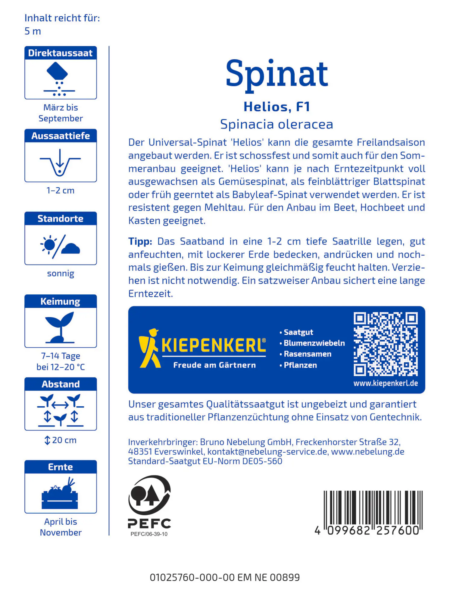Kiepenkerl Profi-Line Saatgut Spinat Helios F1 für bis zu 5 lfd. Meter