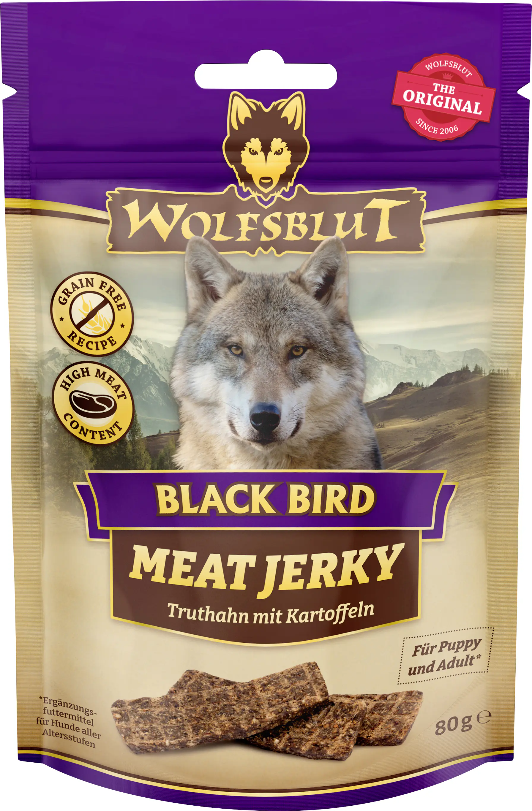 Wolfsblut Hundeleckerli Black Bird Meat Jerky getreidefrei 80 g Truthahn & Kartoffeln
