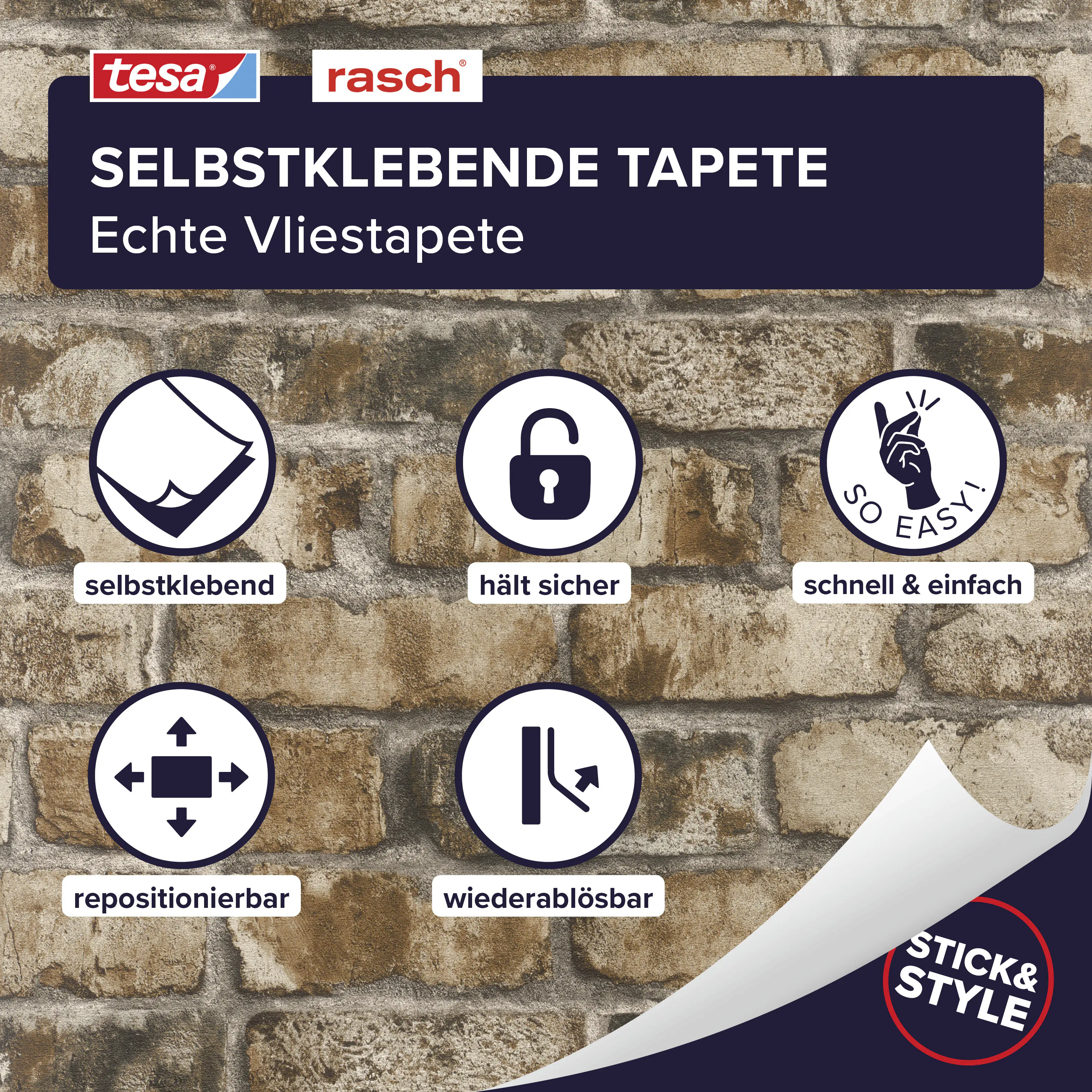 Tesa x Rasch selbstklebende Tapete Clayton Backstein braun grau 6 x 0,53 m