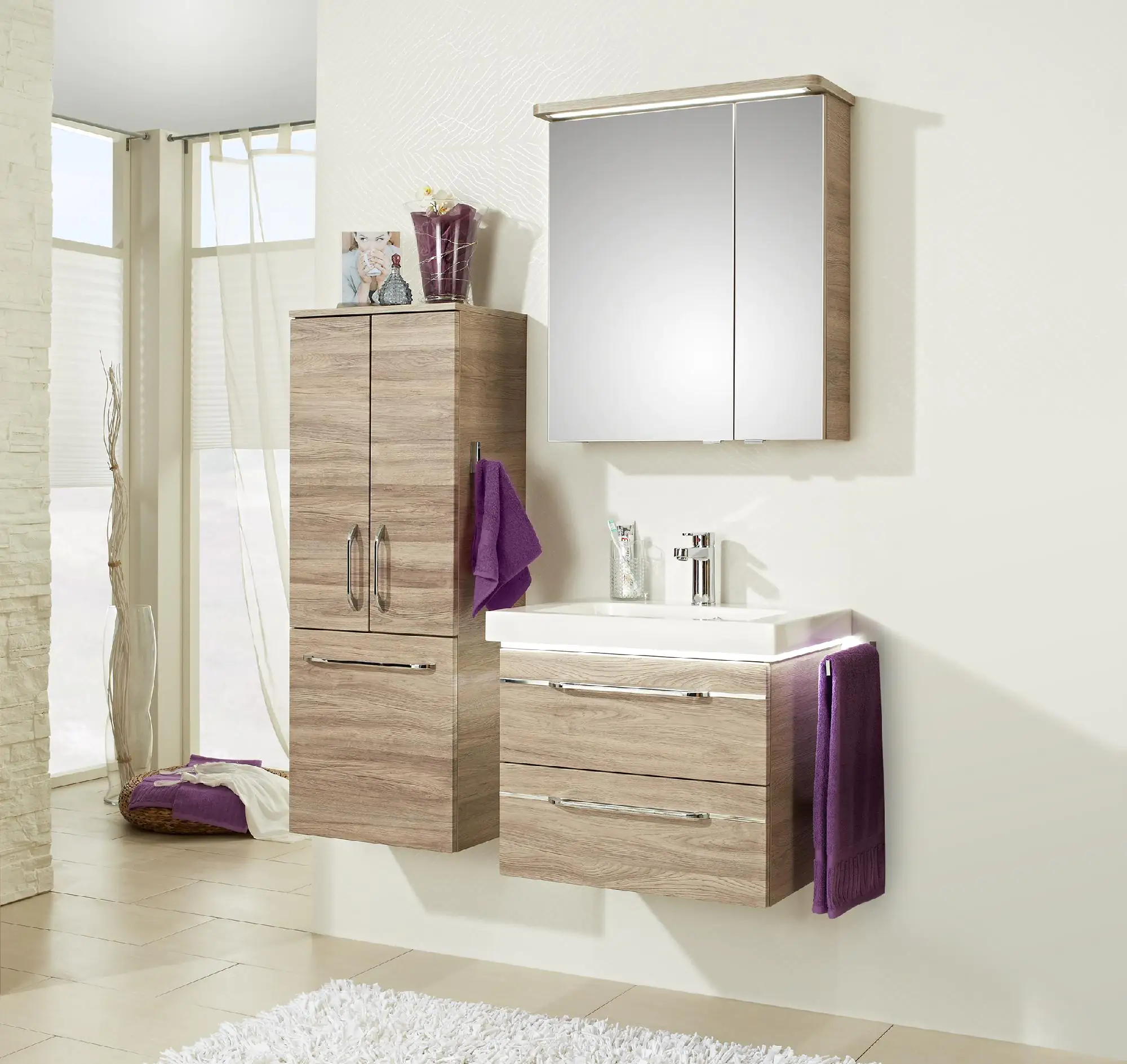 Pelipal Badmöbel-Set Balto Sanremo Eiche mit Leuchtfuge + Midischrank 111 cm