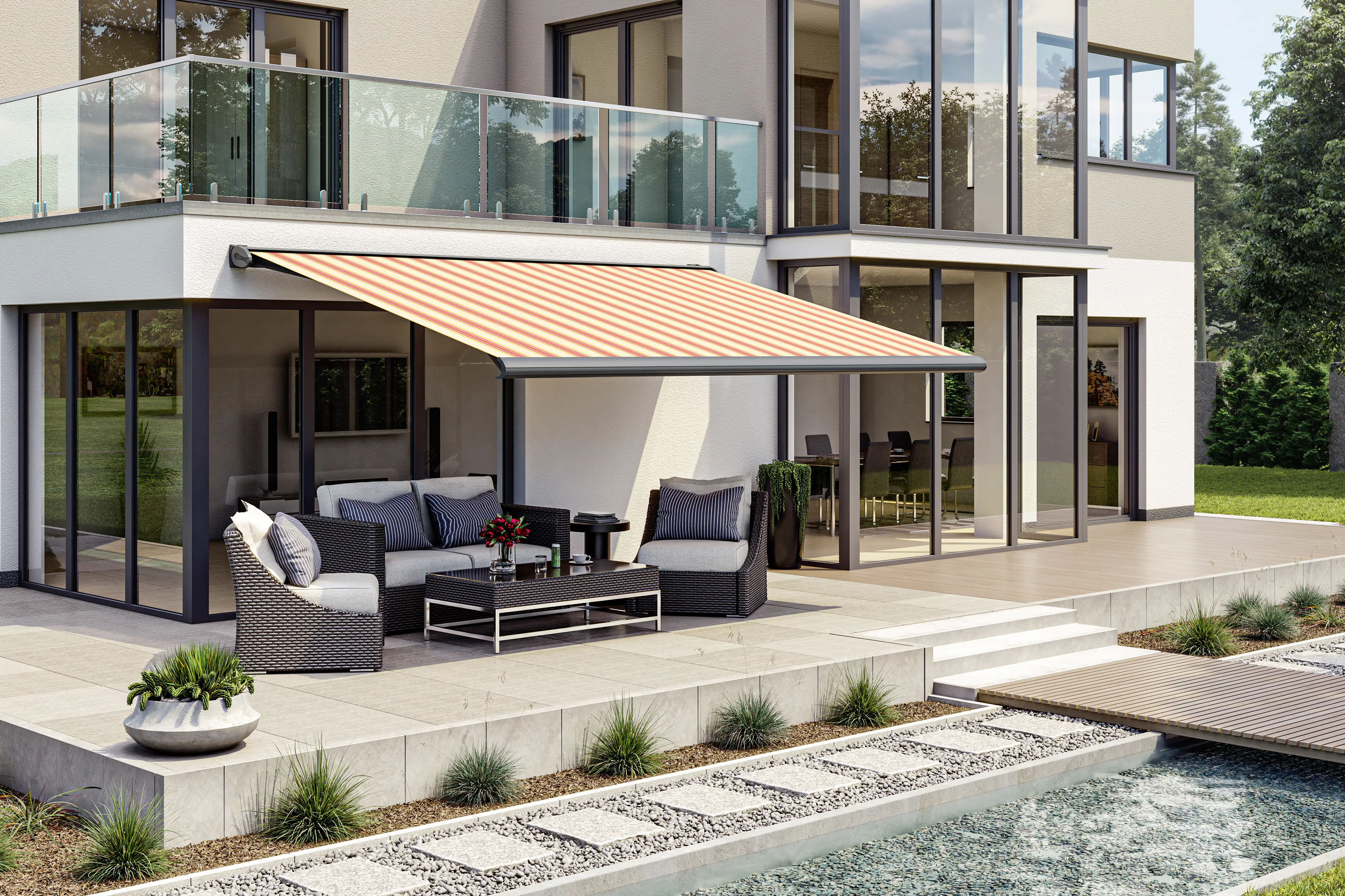 Kassettenmarkise S-Compact beige-rot gestreift inkl. Motor, Aufputzschalter