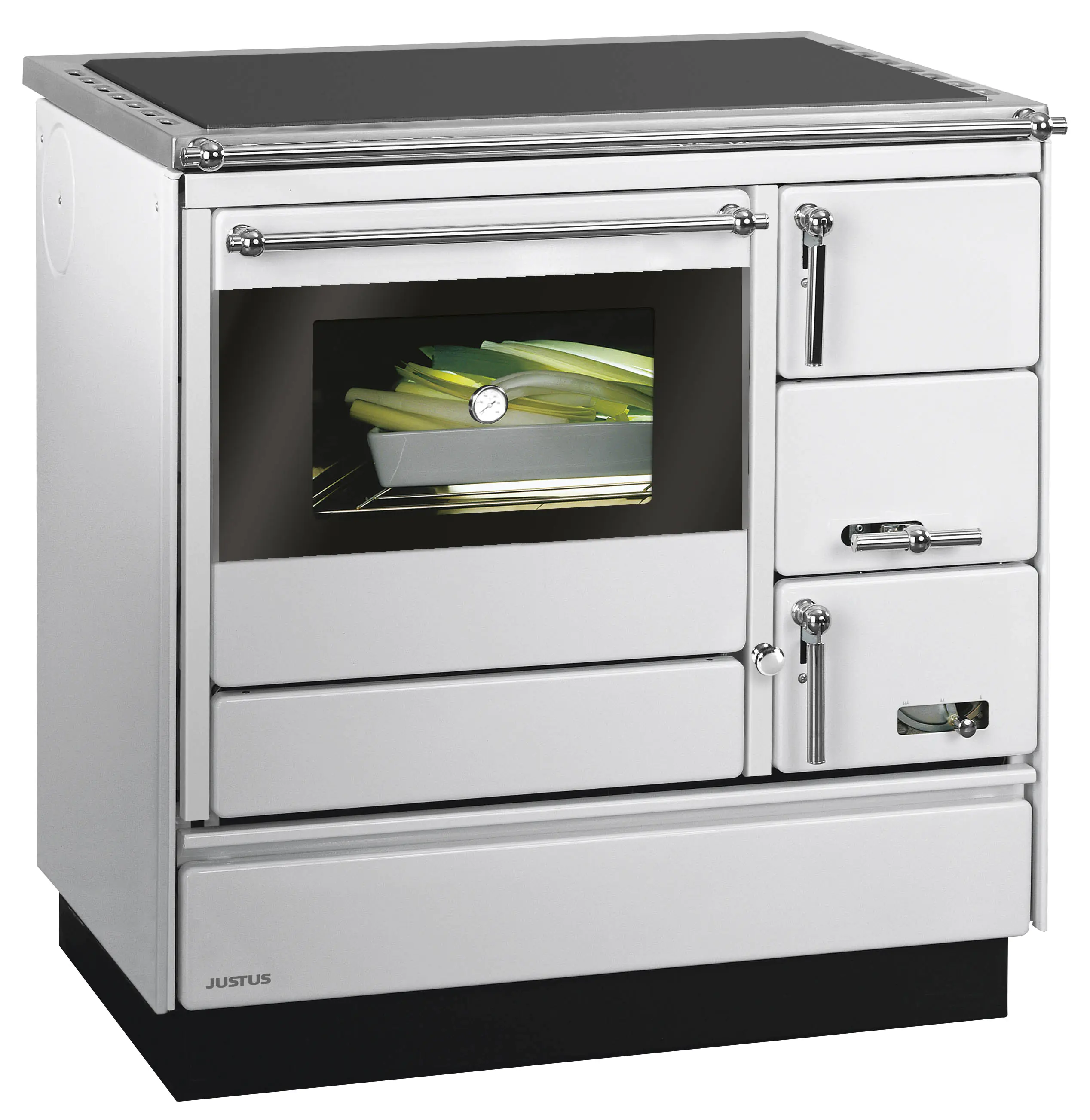 Justus Festbrennstoffherd Linz Backfach links Stahl 7 kW silber