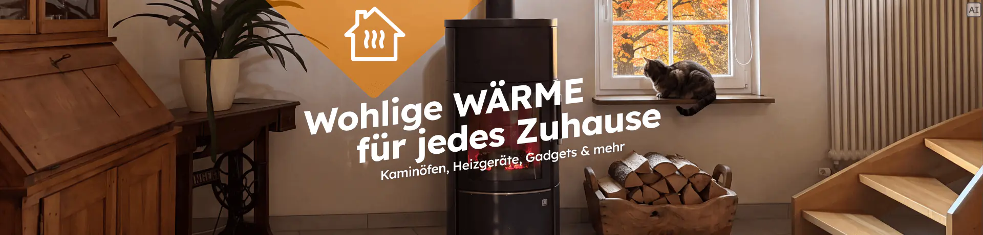 „Wohlige Wärme für jedes Zuhause – Kaminöfen, Heizgeräte, Gadgets & mehr“ mit Kaminofen, Brennholz und Katze am Fenster.