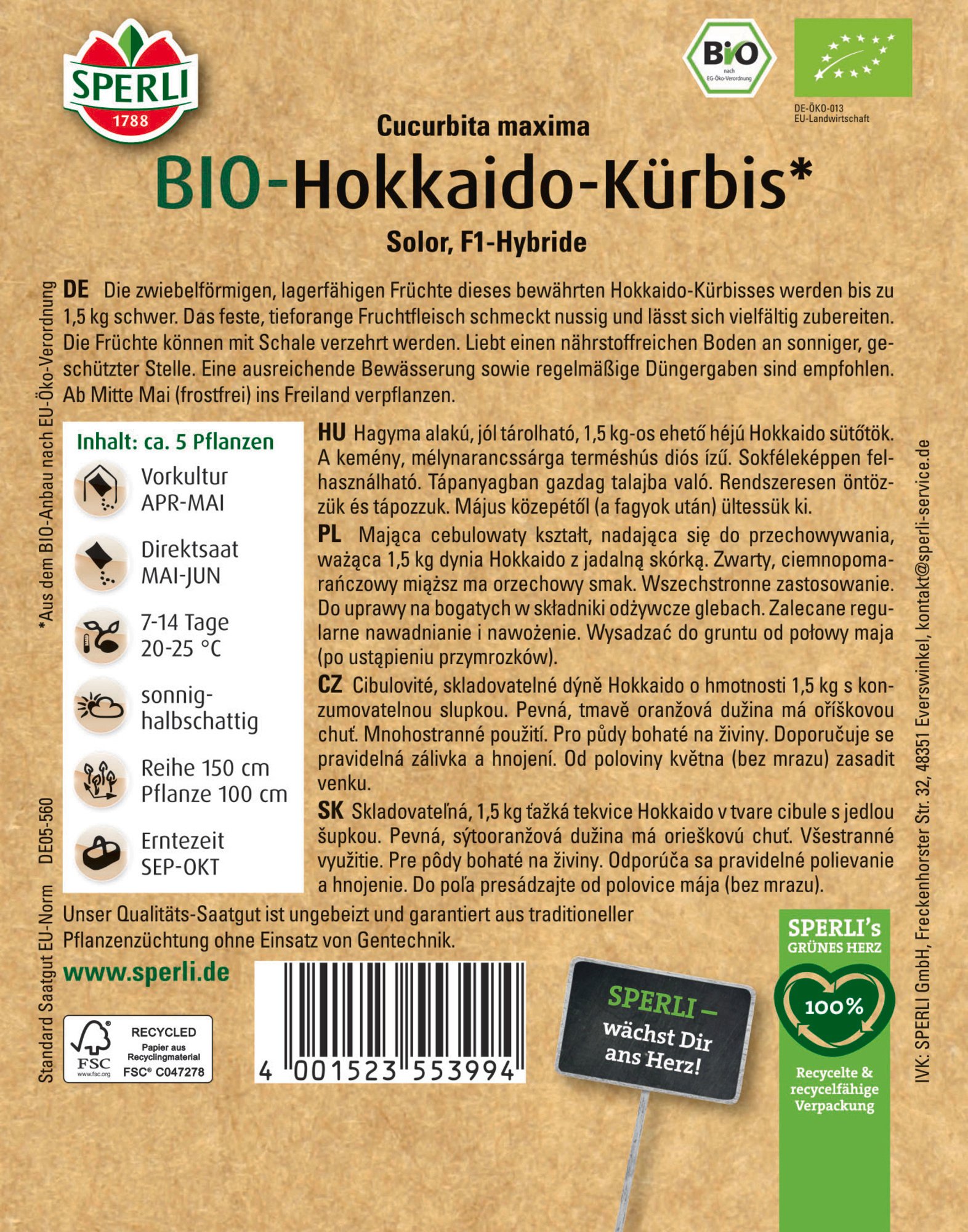 Sperli Saatgut BIO Hokkaido F1 für ca. 5 Pflanzen