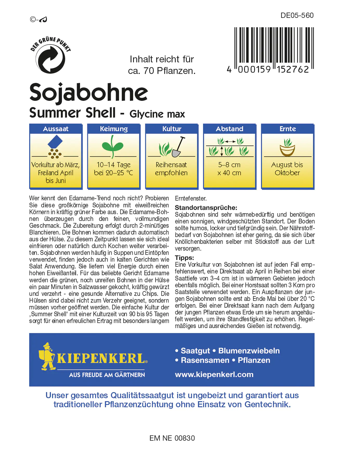 Kiepenkerl Sojabohne Summer Shell Inhalt reicht für ca. 40 Pflanzen Kiepenkerl Sojabohne Summer Shell Inhalt reicht für ca. 40 Pflanzen