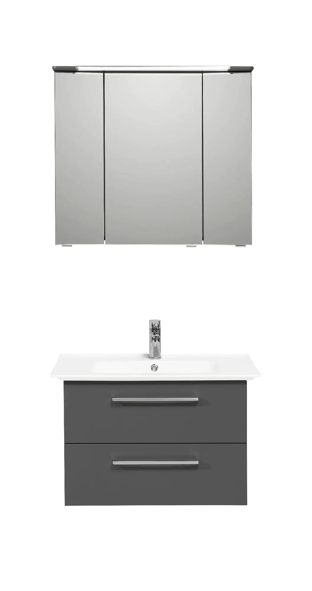 Pelipal Badmöbel-Set Pineo Quarzgrau Matt mit Keramik-Waschtisch + 3D-Spiegelschrank 80 cm